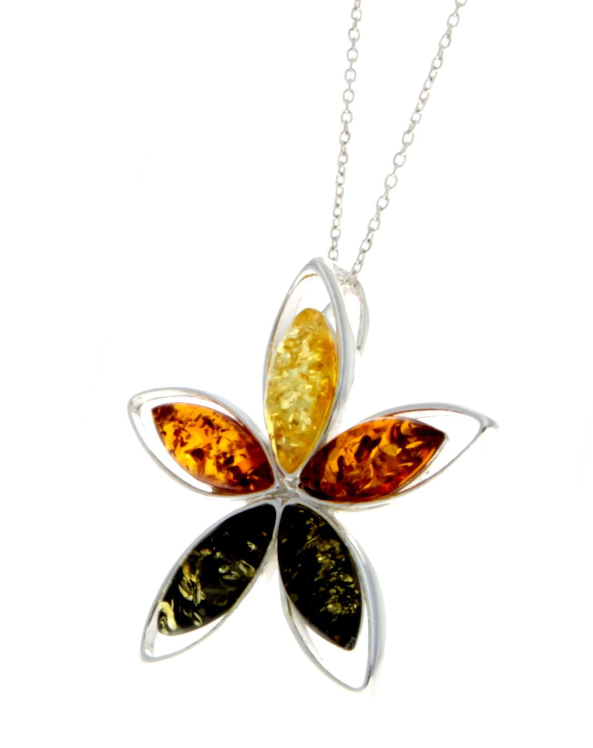 925 Sterling Silver & Baltic Amber 5 Stones Star Modern Pendant - M373