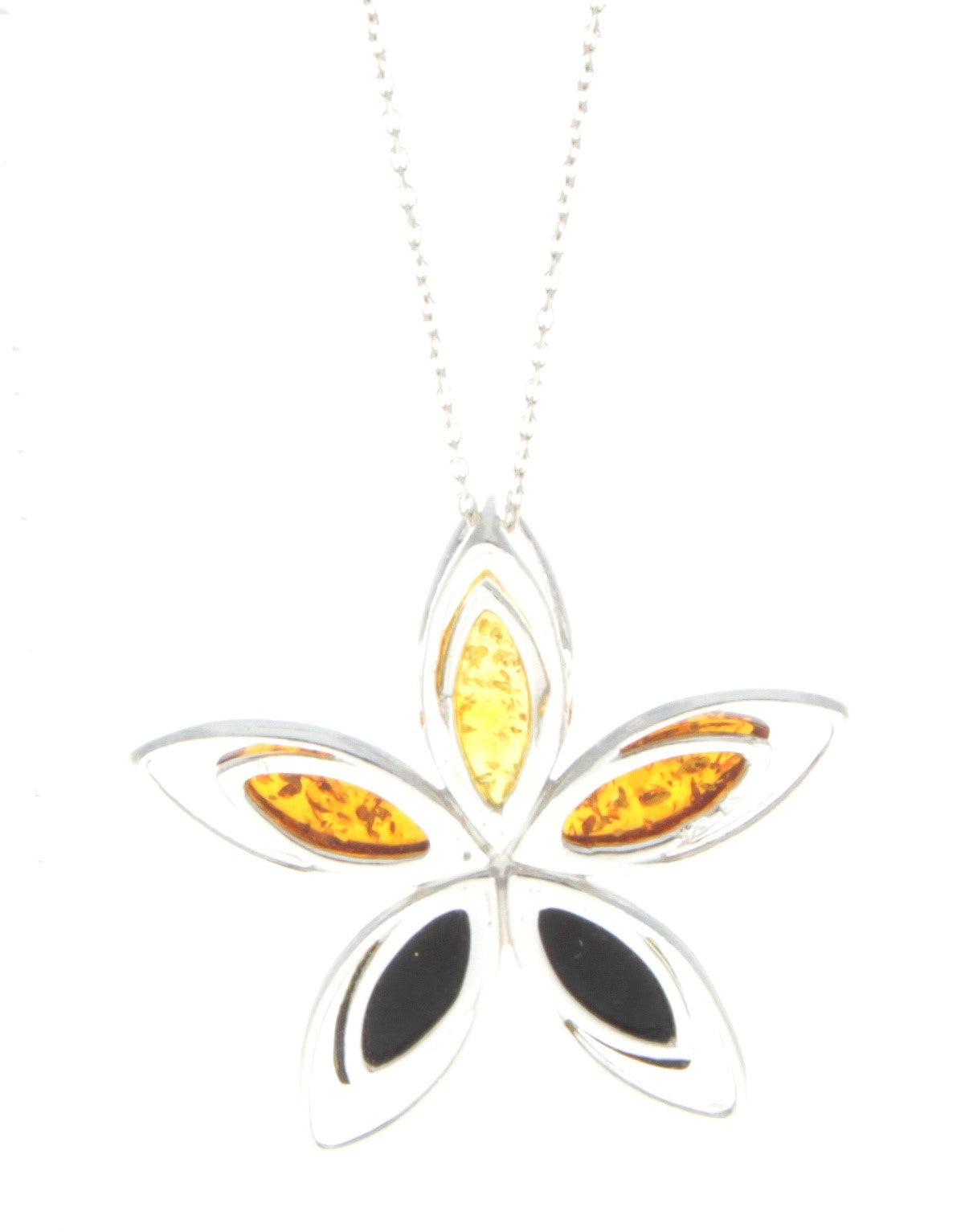 925 Sterling Silver & Baltic Amber 5 Stones Star Modern Pendant - M373