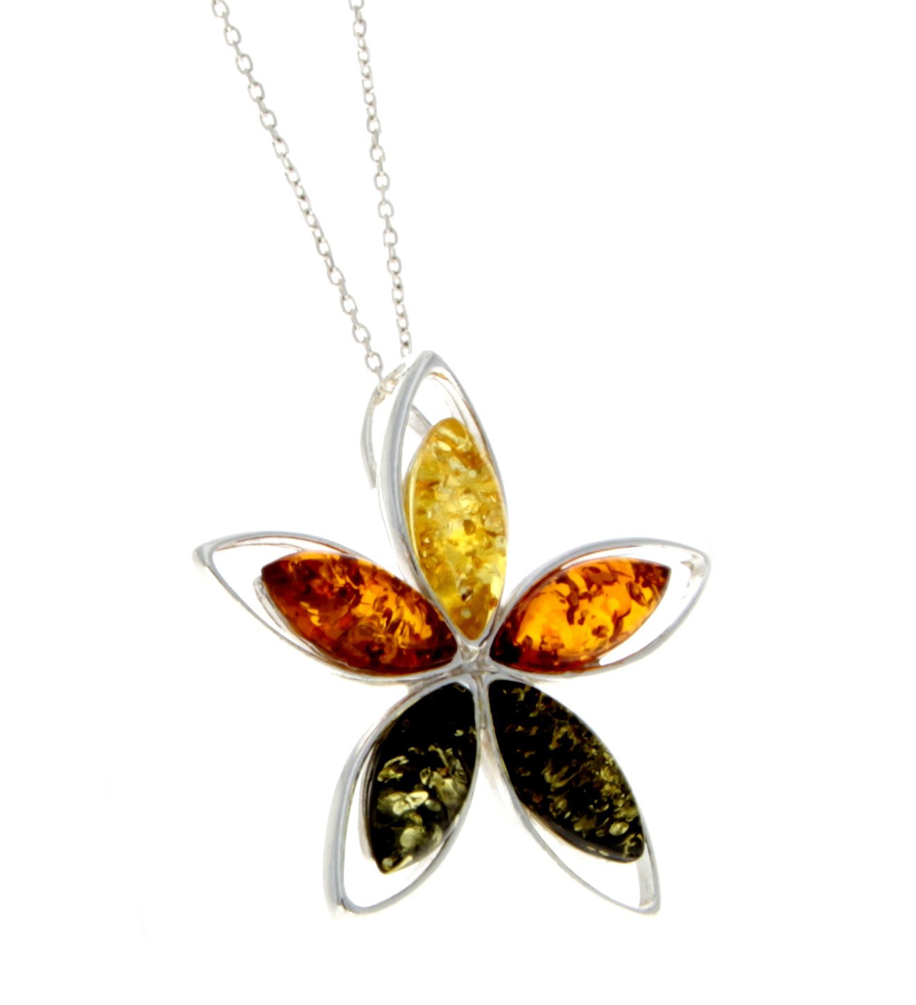 925 Sterling Silver & Baltic Amber 5 Stones Star Modern Pendant - M373