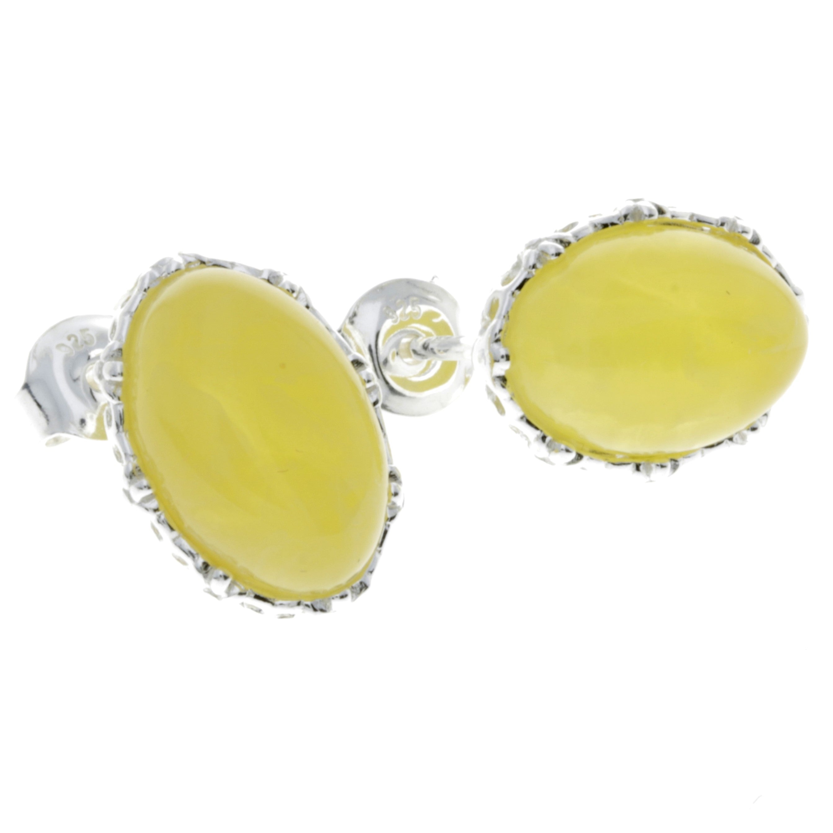 925 Sterling Silver & Genuine Baltic Amber Classic Oval Studs Earrings - M650