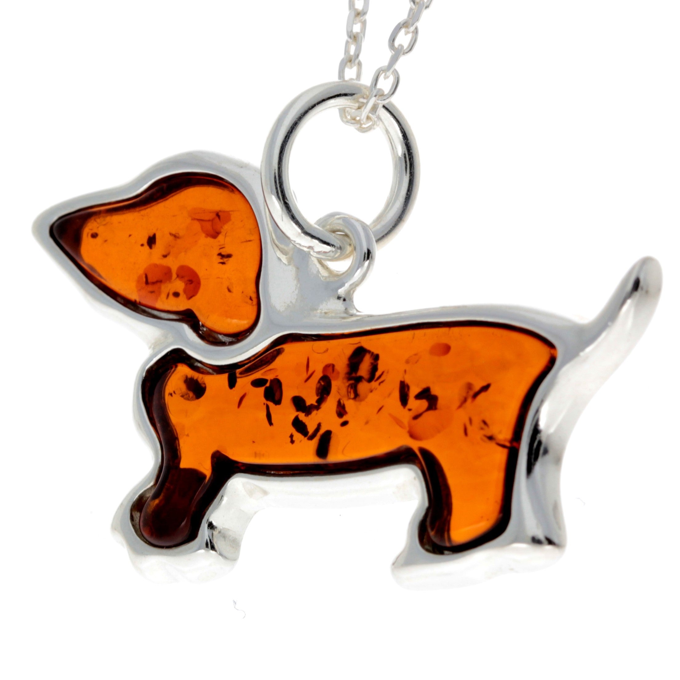 925 Sterling Silver & Baltic Amber Basset Hound Dog Pendant - AD219