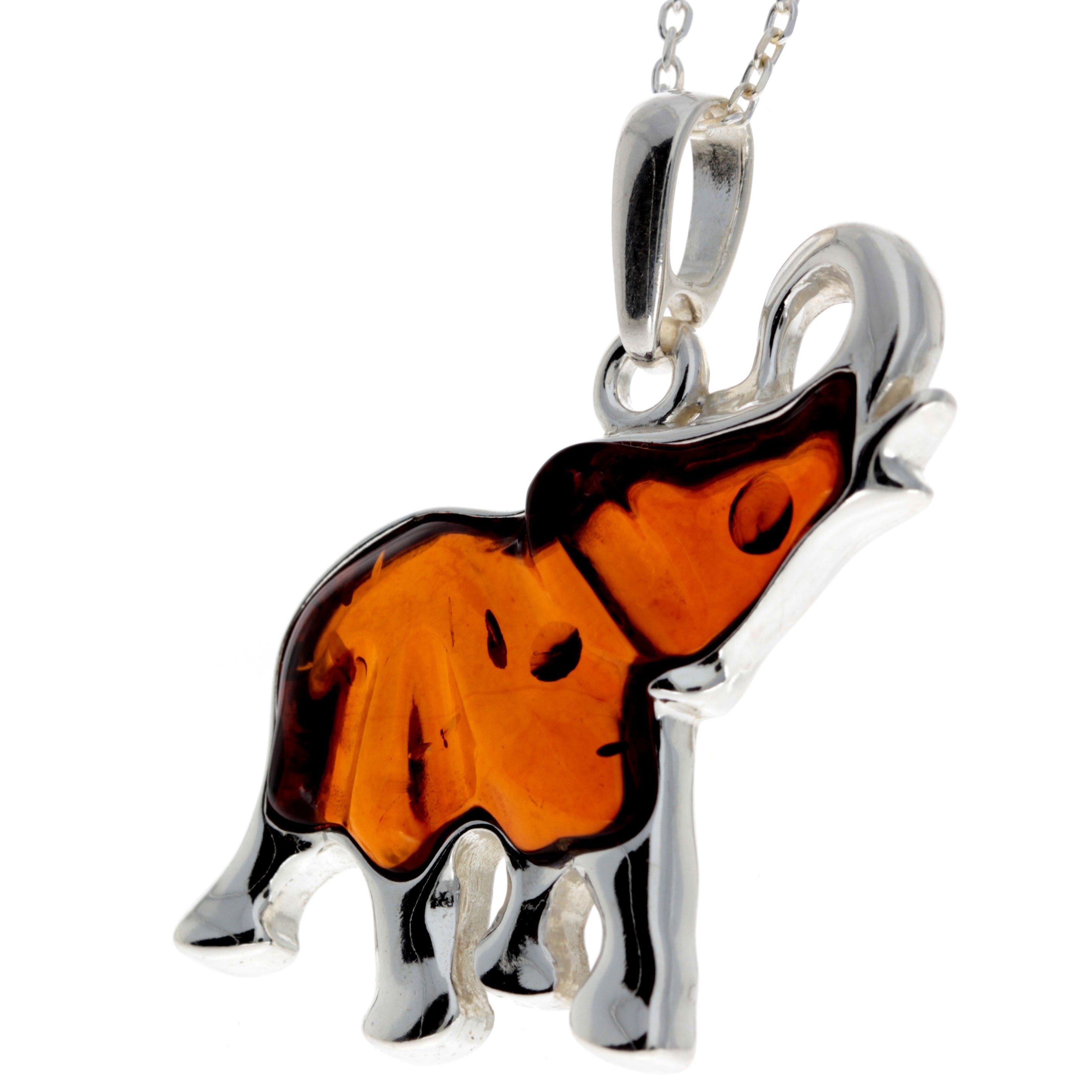 925 Sterling Silver & Baltic Amber Lucky Elephant Pendant - AD215