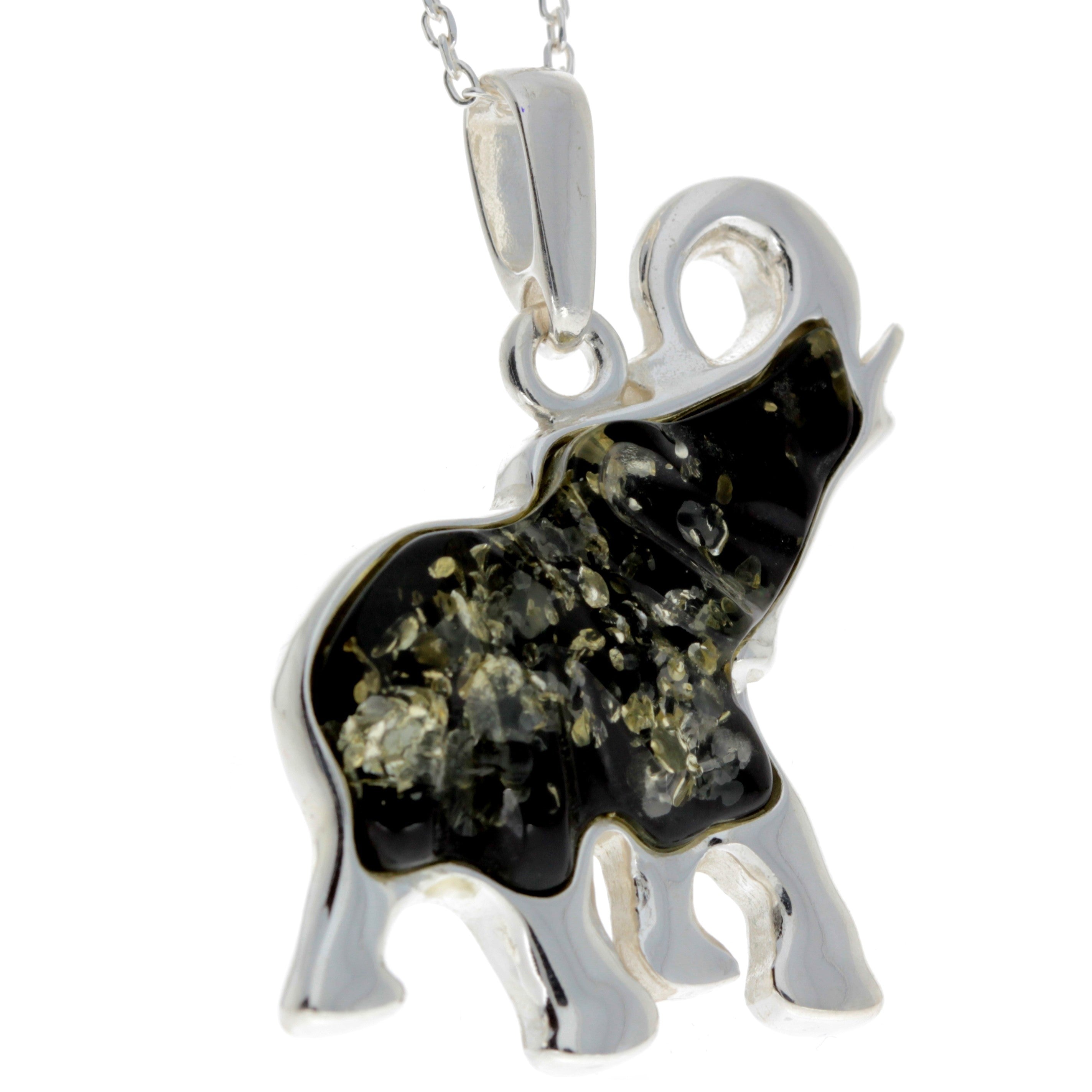 925 Sterling Silver & Baltic Amber Lucky Elephant Pendant - AD215