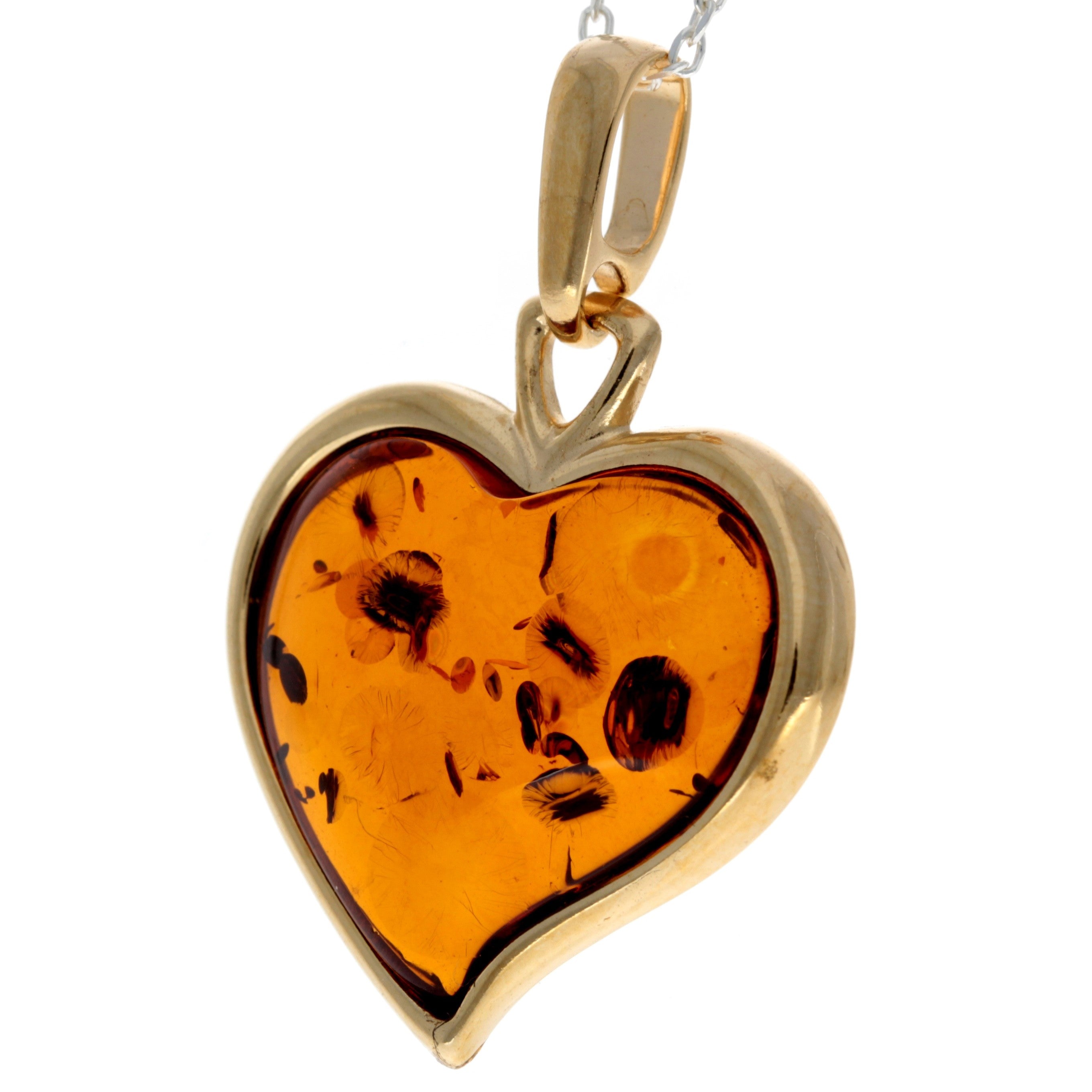 925 Sterling Silver Gold Plated & Baltic Amber Heart Engraved Pendant - AF204