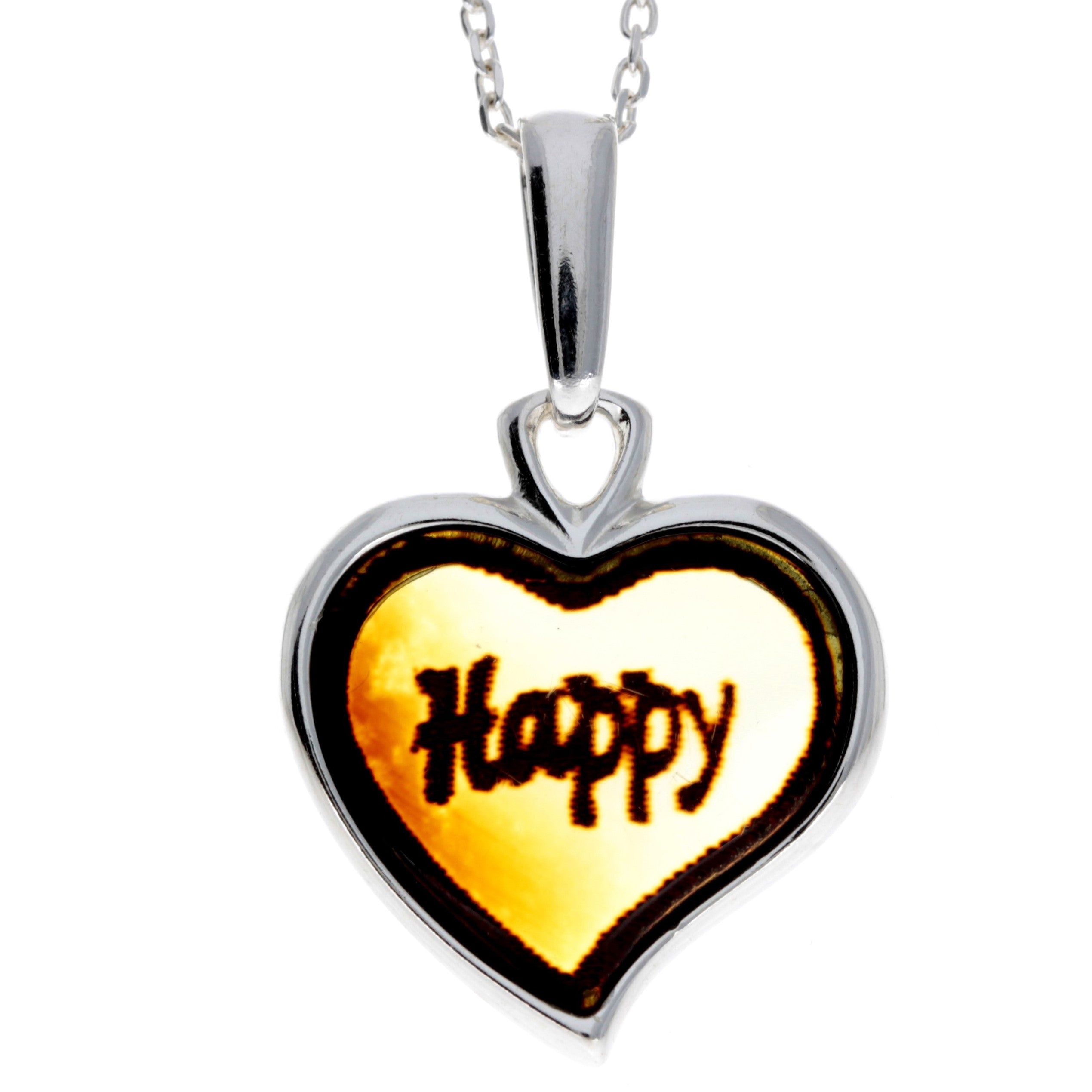 925 Sterling Silver & Baltic Amber Classic Heart Engraved Heart Pendant - AC203