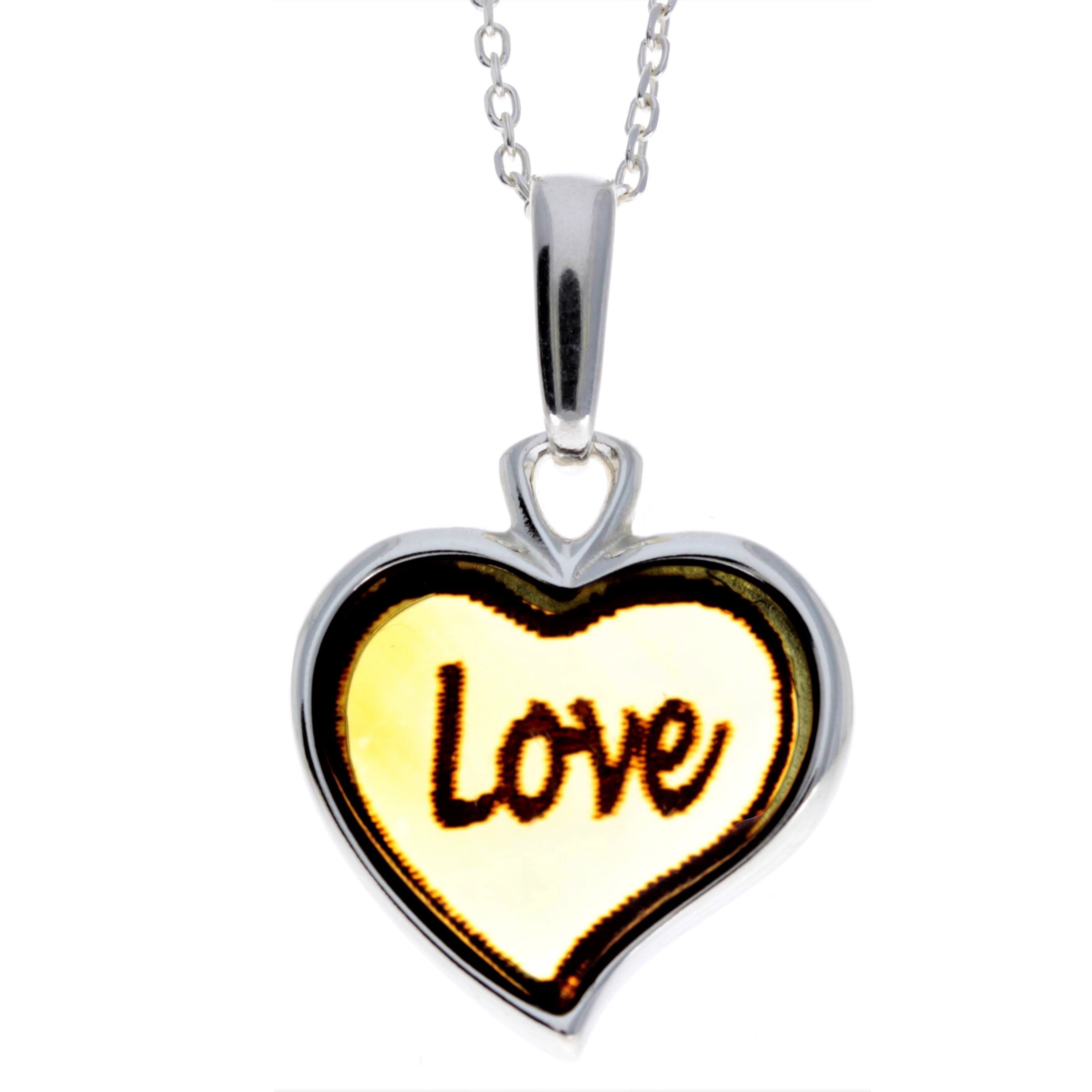 925 Sterling Silver & Baltic Amber Classic Heart Engraved Heart Pendant - AC203