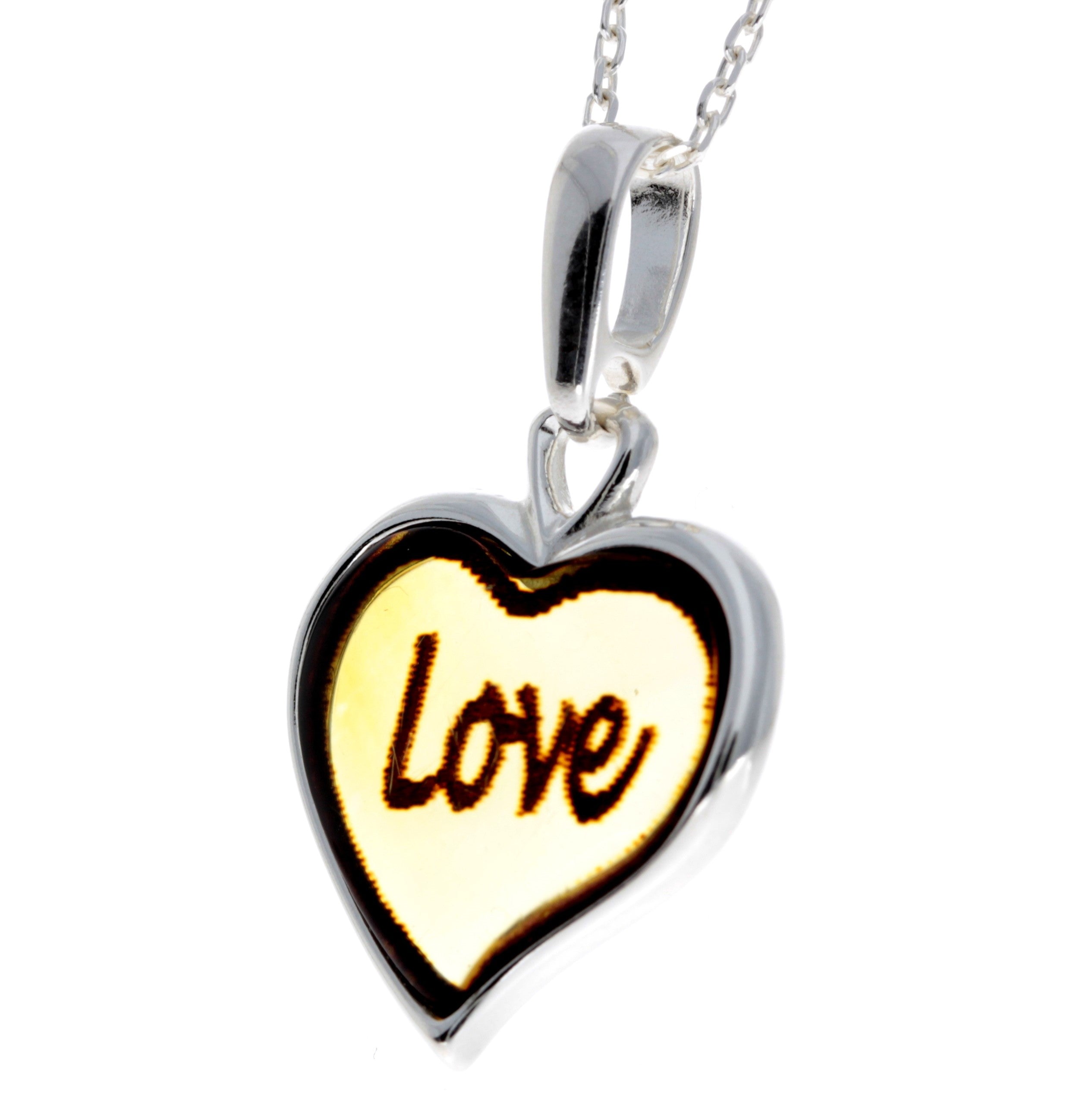 925 Sterling Silver & Baltic Amber Classic Heart Engraved Heart Pendant - AC203