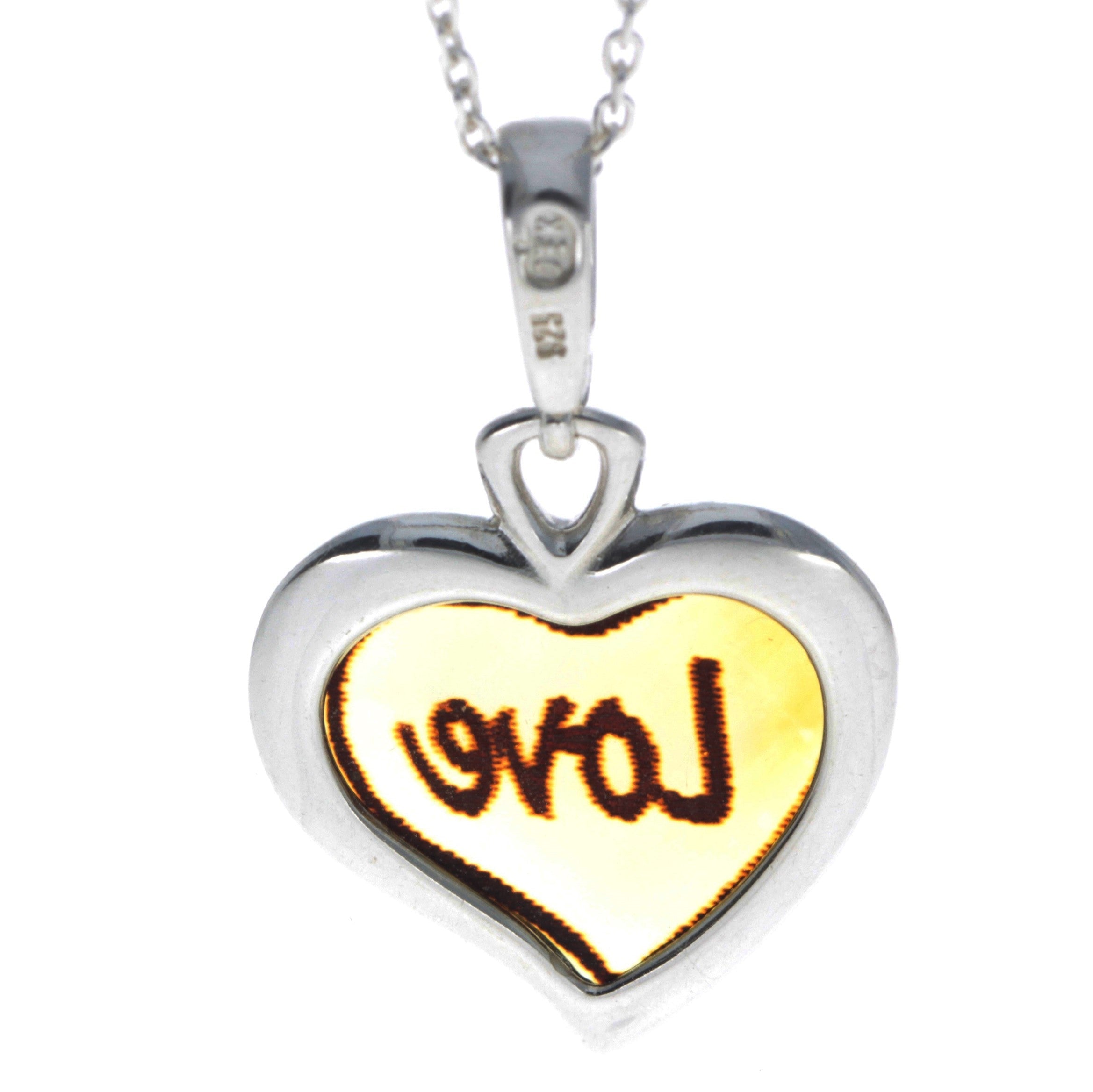 925 Sterling Silver & Baltic Amber Classic Heart Engraved Heart Pendant - AC203