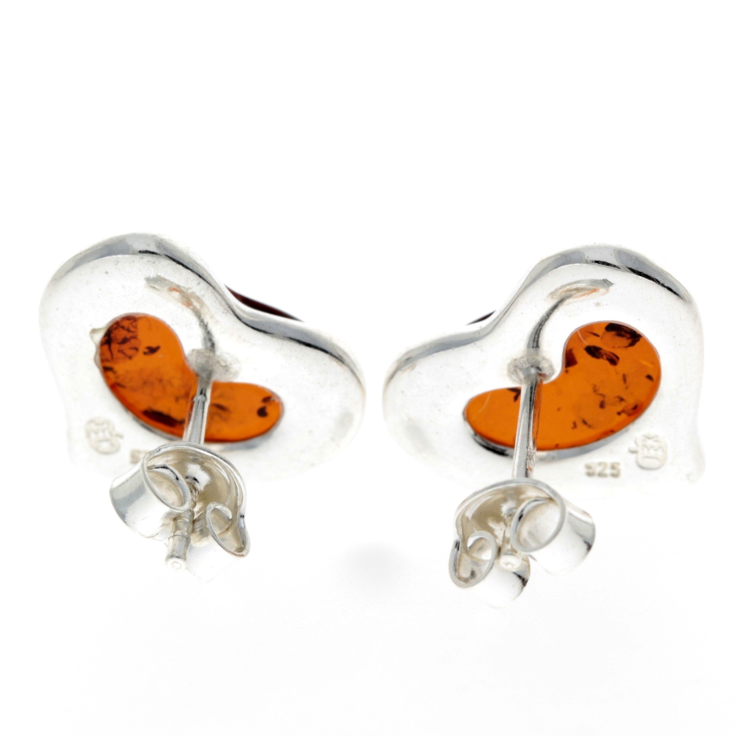 925 Sterling Silver & Baltic Amber Classic Heart Engraved Heart Studs Earrings - AC004