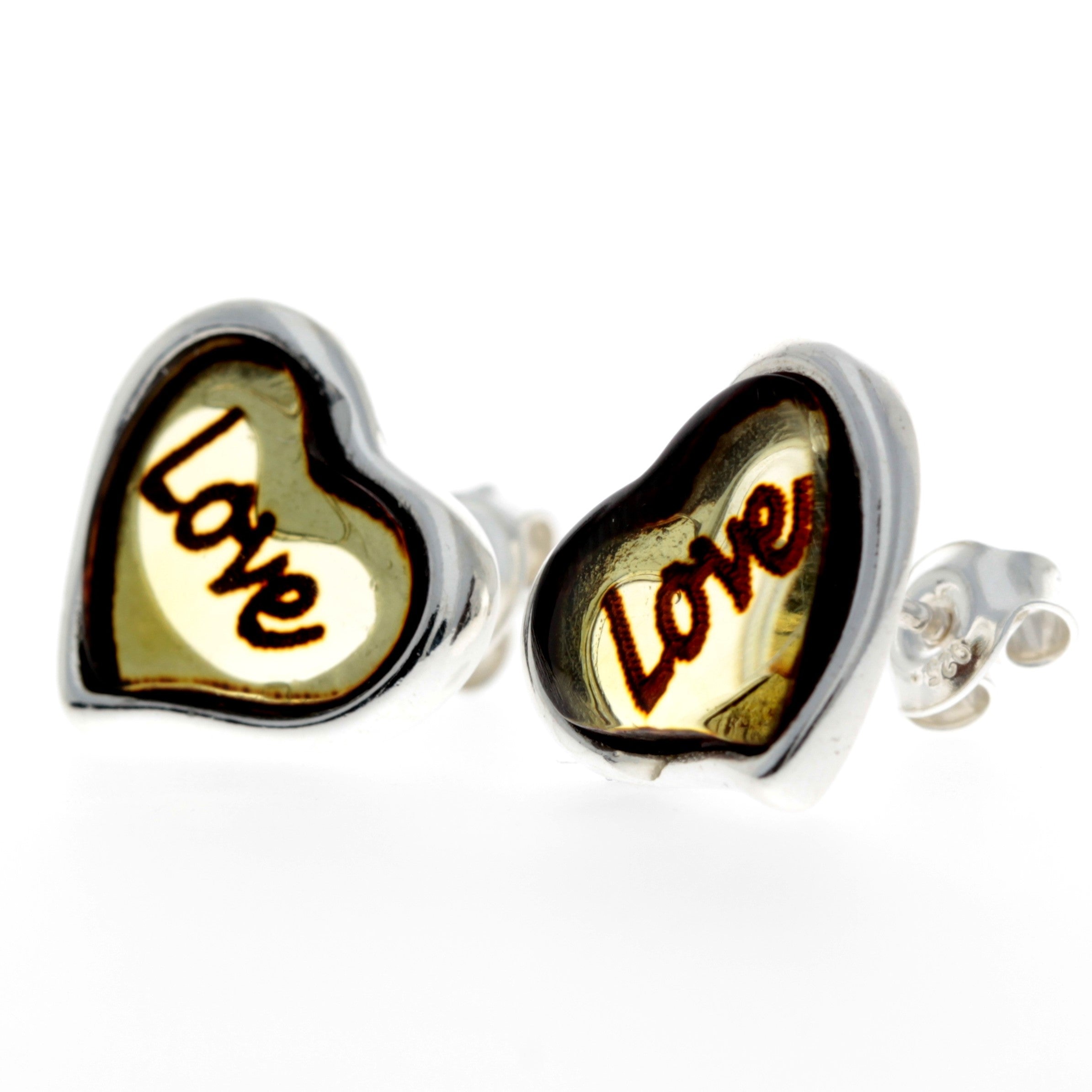 925 Sterling Silver & Baltic Amber Classic Heart Engraved Heart Studs Earrings - AC004