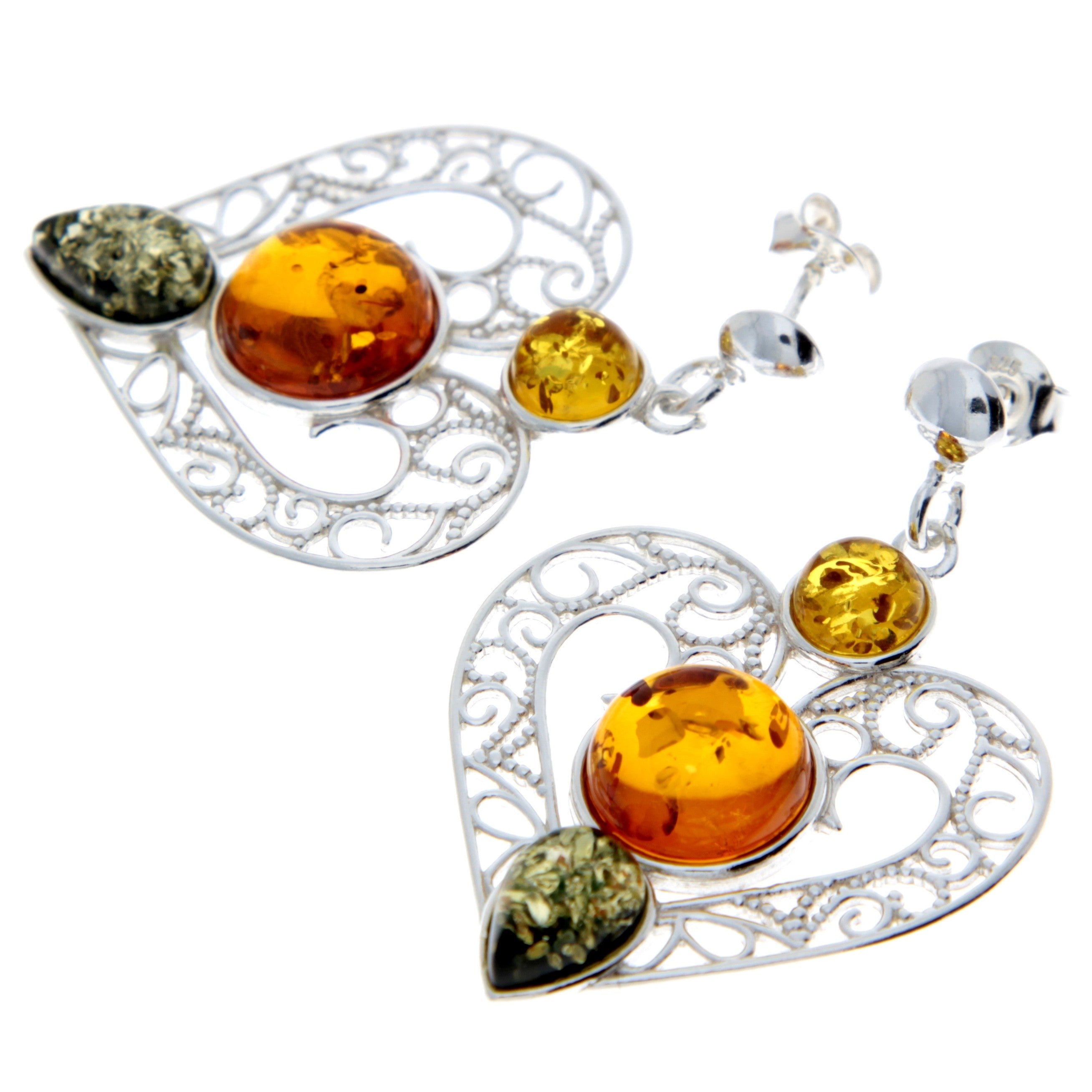 925 Sterling Silver & Baltic Amber Large Drop Hearts Earrings - M643