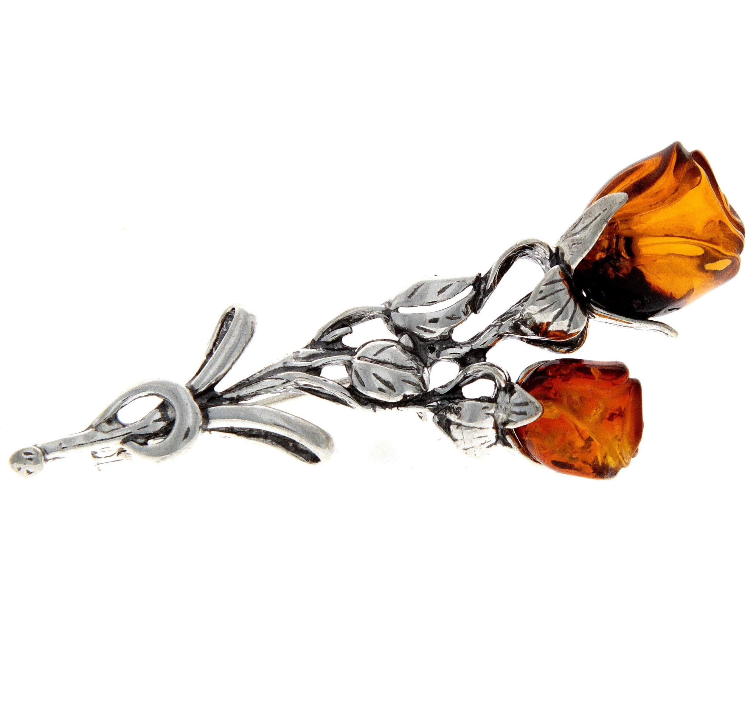 925 Sterling Silver & Baltic Amber 2 Roses Brooch - BR2