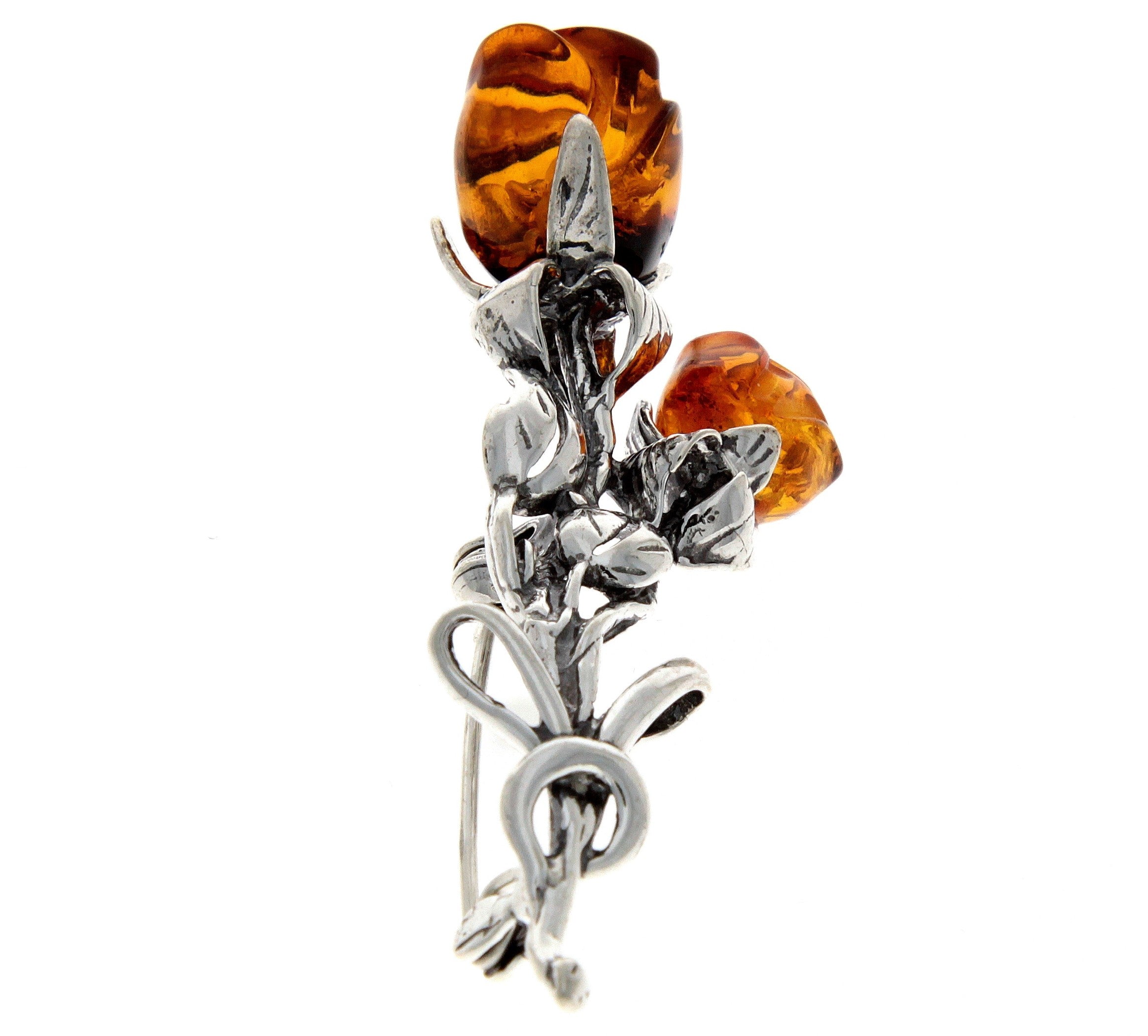 925 Sterling Silver & Baltic Amber 2 Roses Brooch - BR2