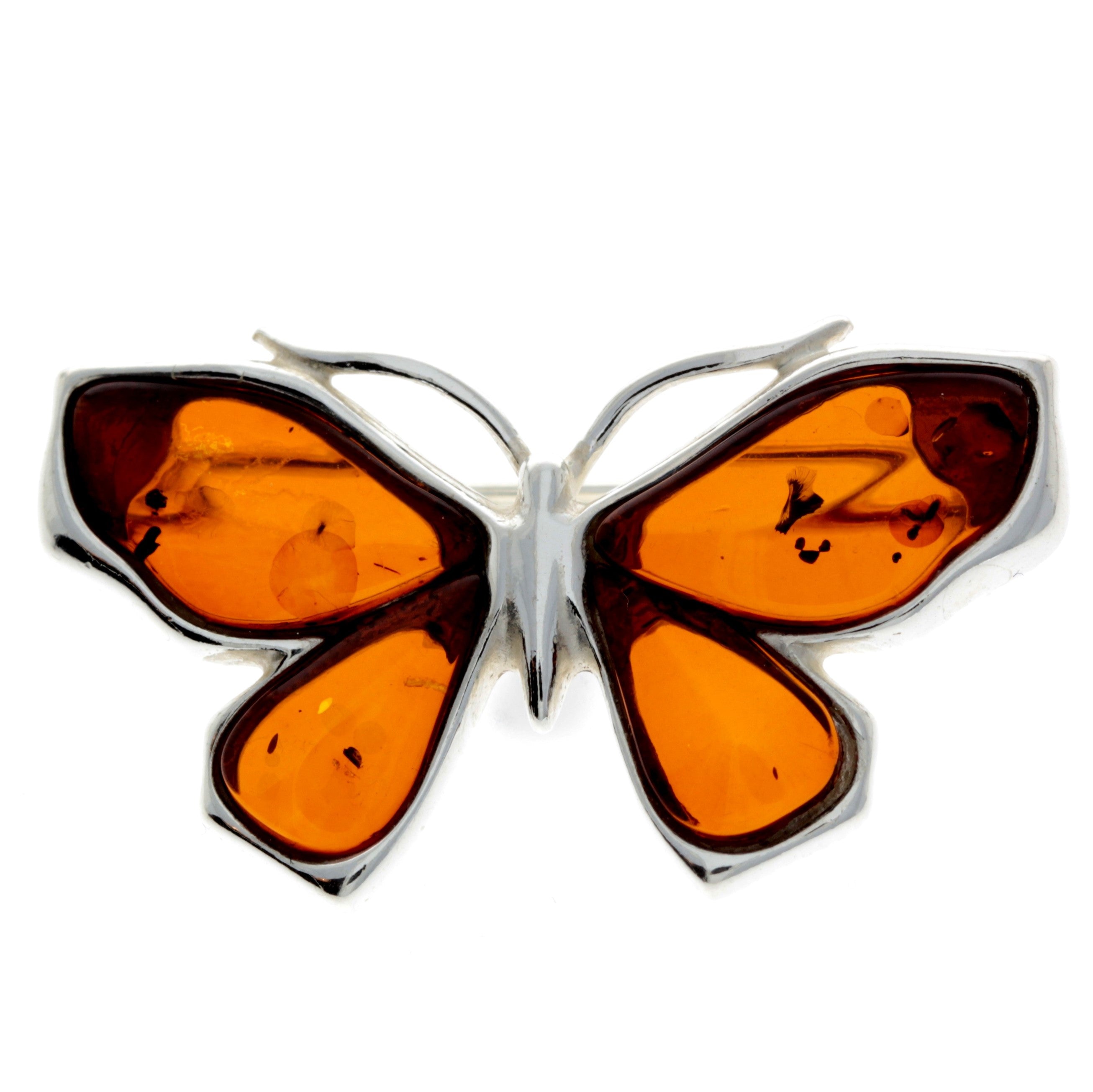 925 Sterling Silver & Baltic Amber Butterfly Engraved Brooch - AC800