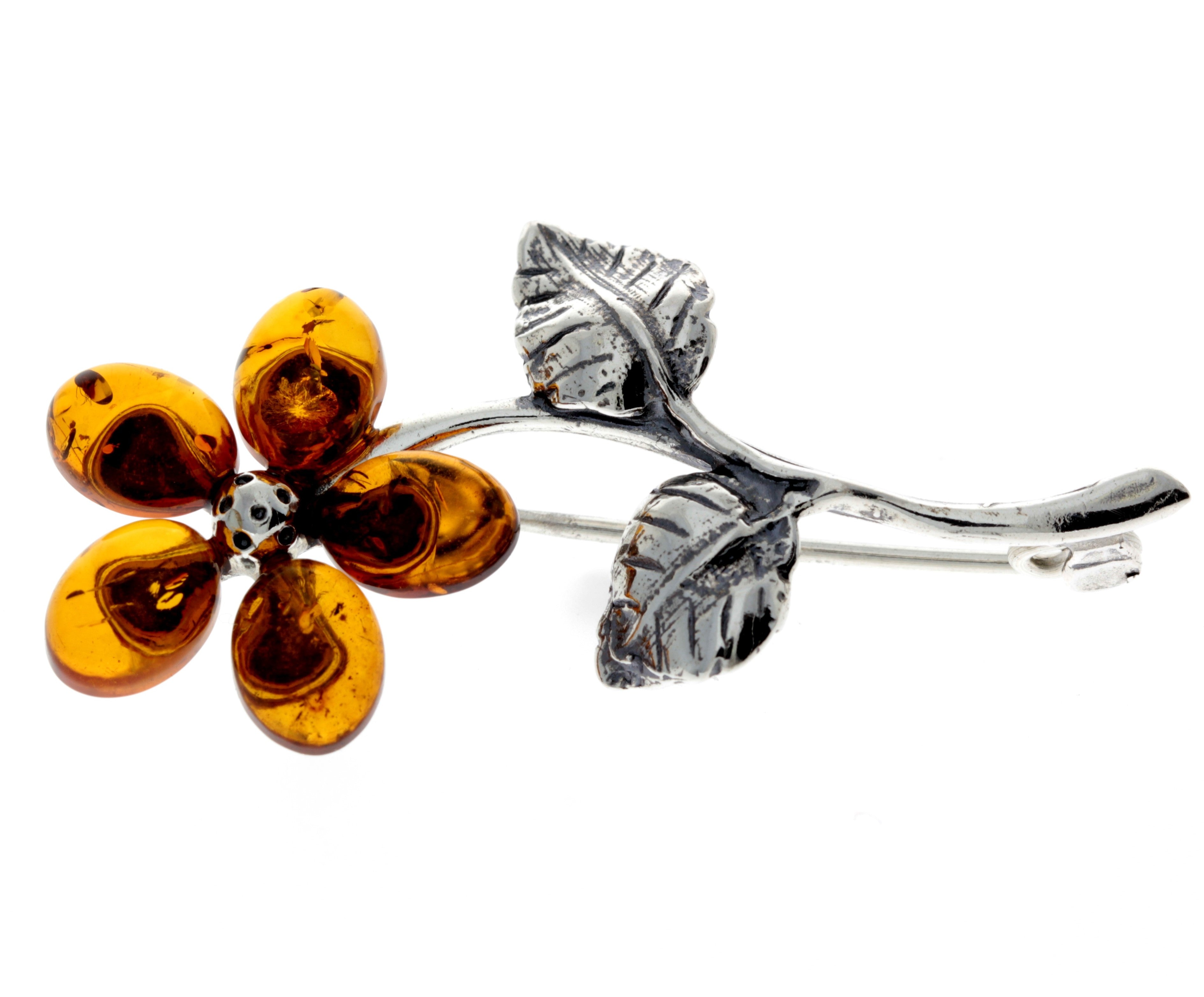 925 Sterling Silver & Baltic Amber Flower Brooch - 4015