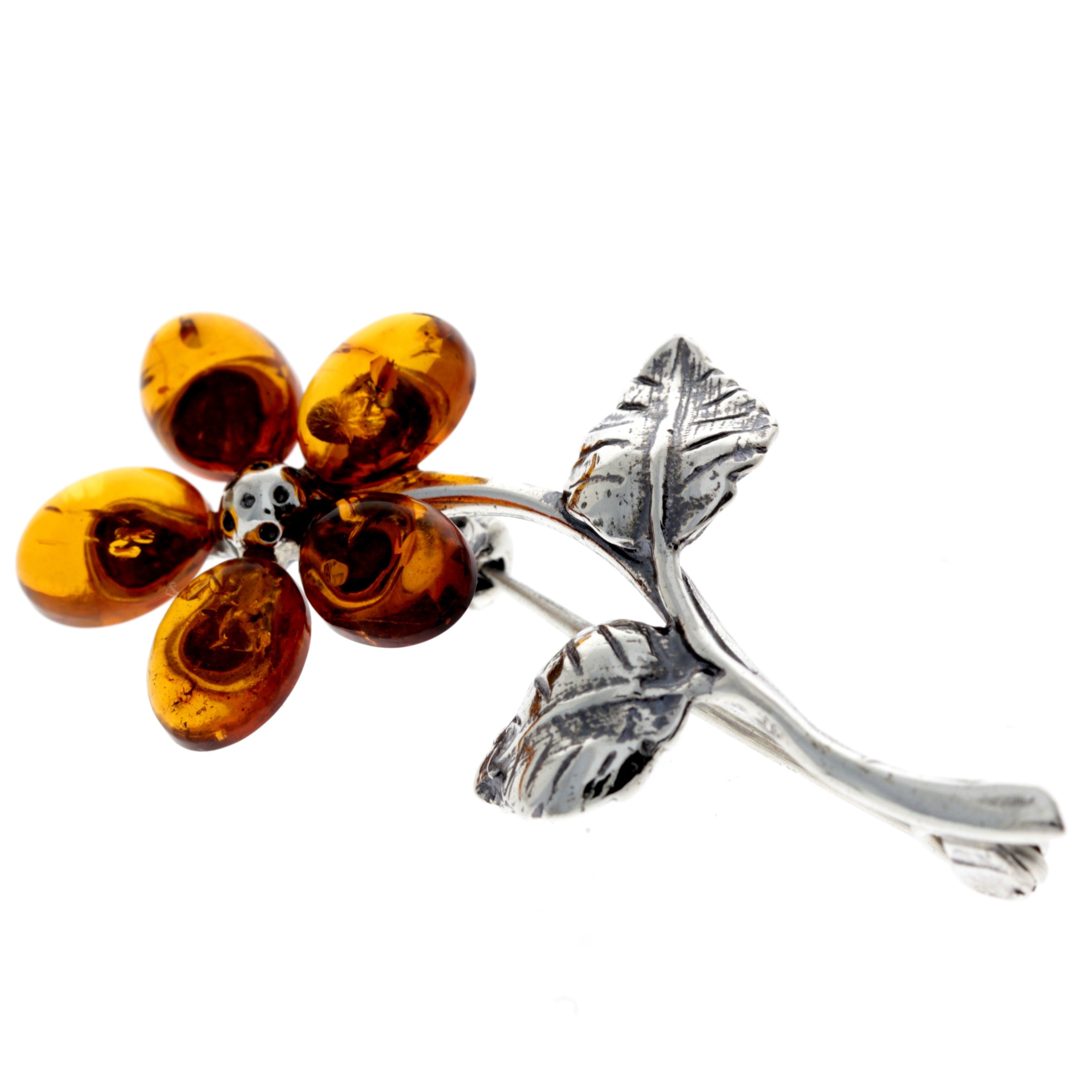 925 Sterling Silver & Baltic Amber Flower Brooch - 4015