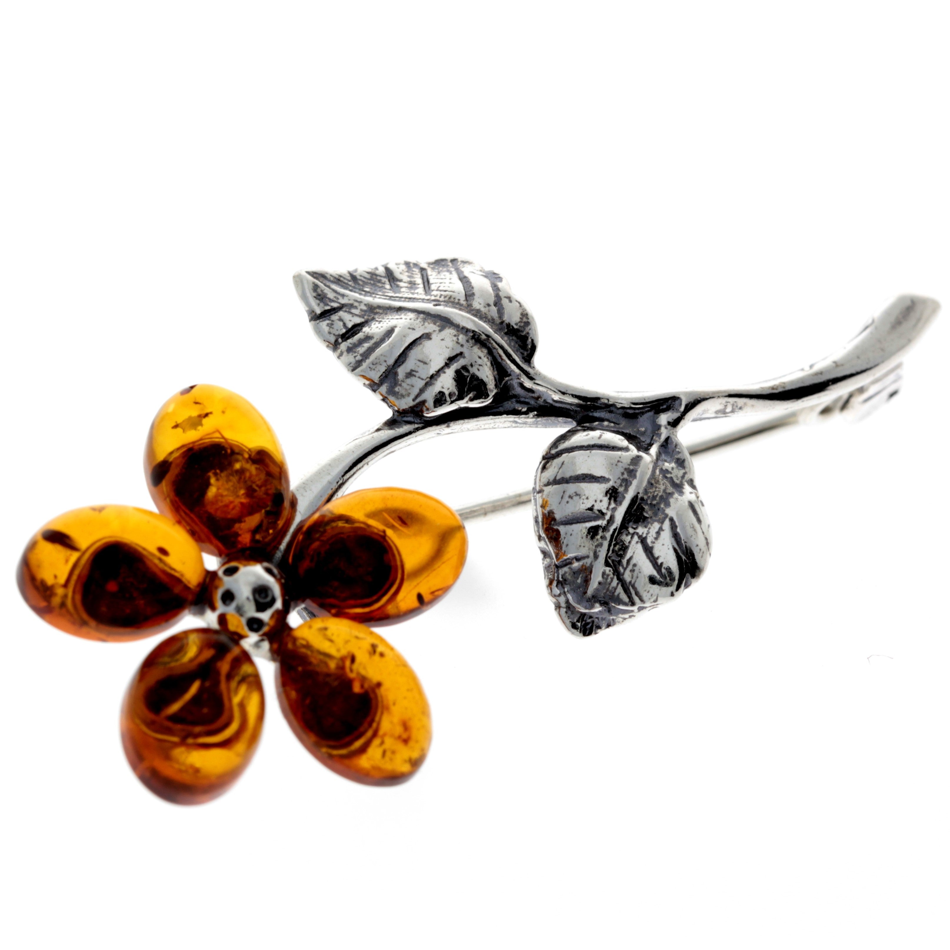 925 Sterling Silver & Baltic Amber Flower Brooch - 4015