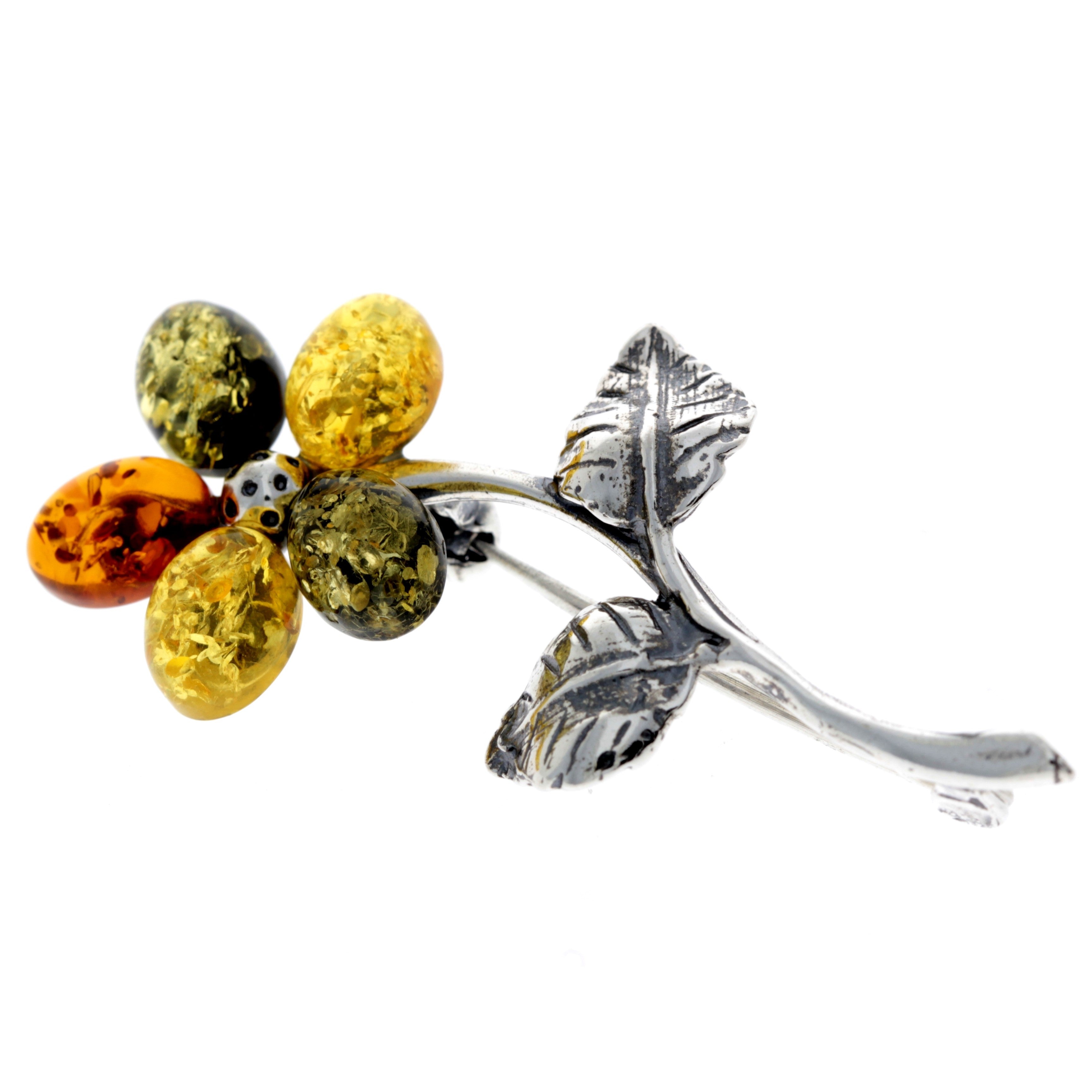 925 Sterling Silver & Baltic Amber Flower Brooch - 4015