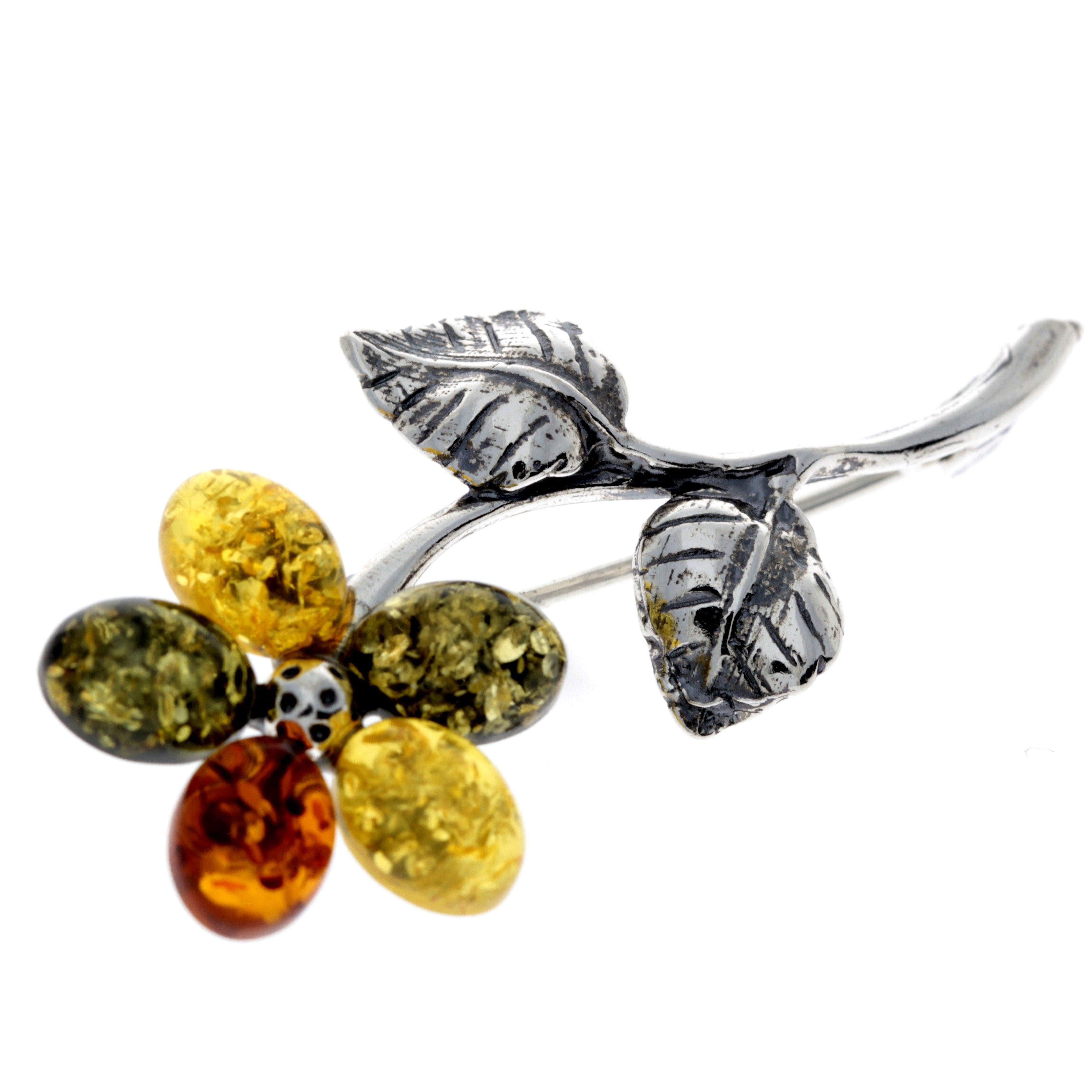 925 Sterling Silver & Baltic Amber Flower Brooch - 4015