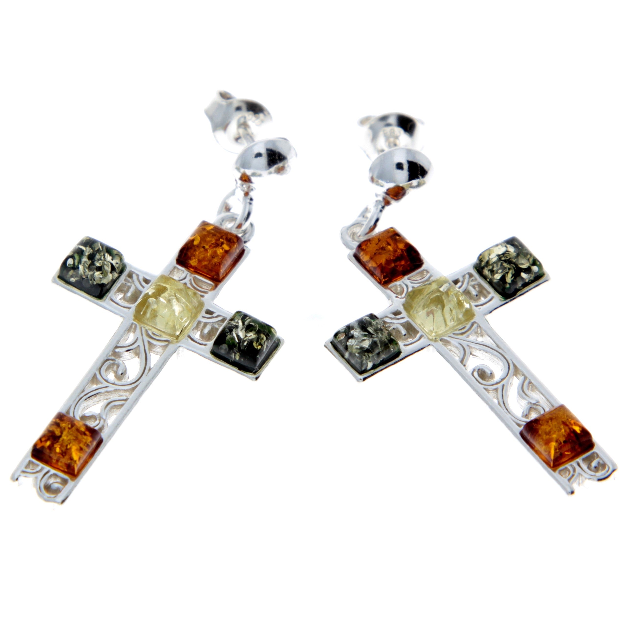 925 Sterling Silver & Baltic Amber Cross Earrings - M644