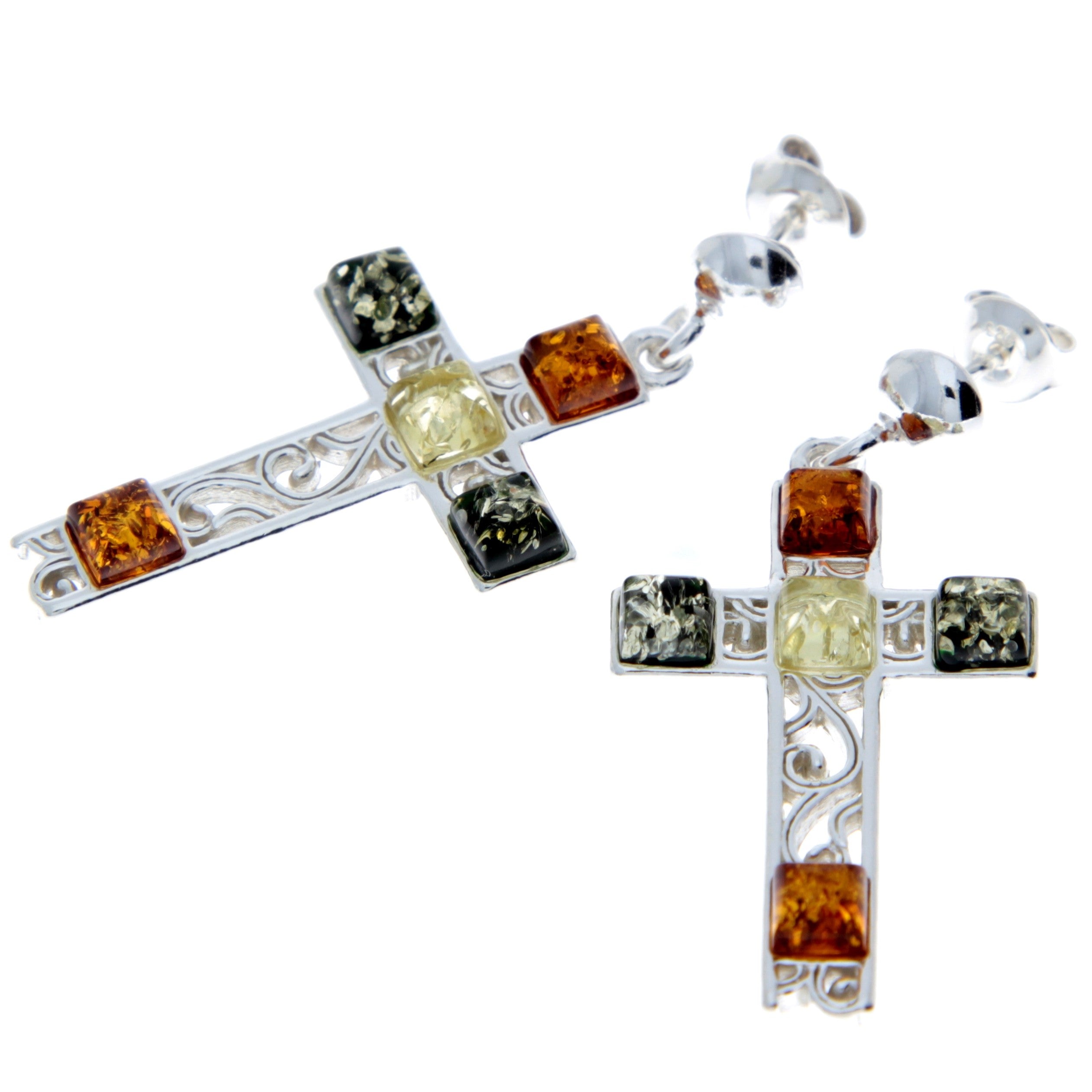 925 Sterling Silver & Baltic Amber Cross Earrings - M644