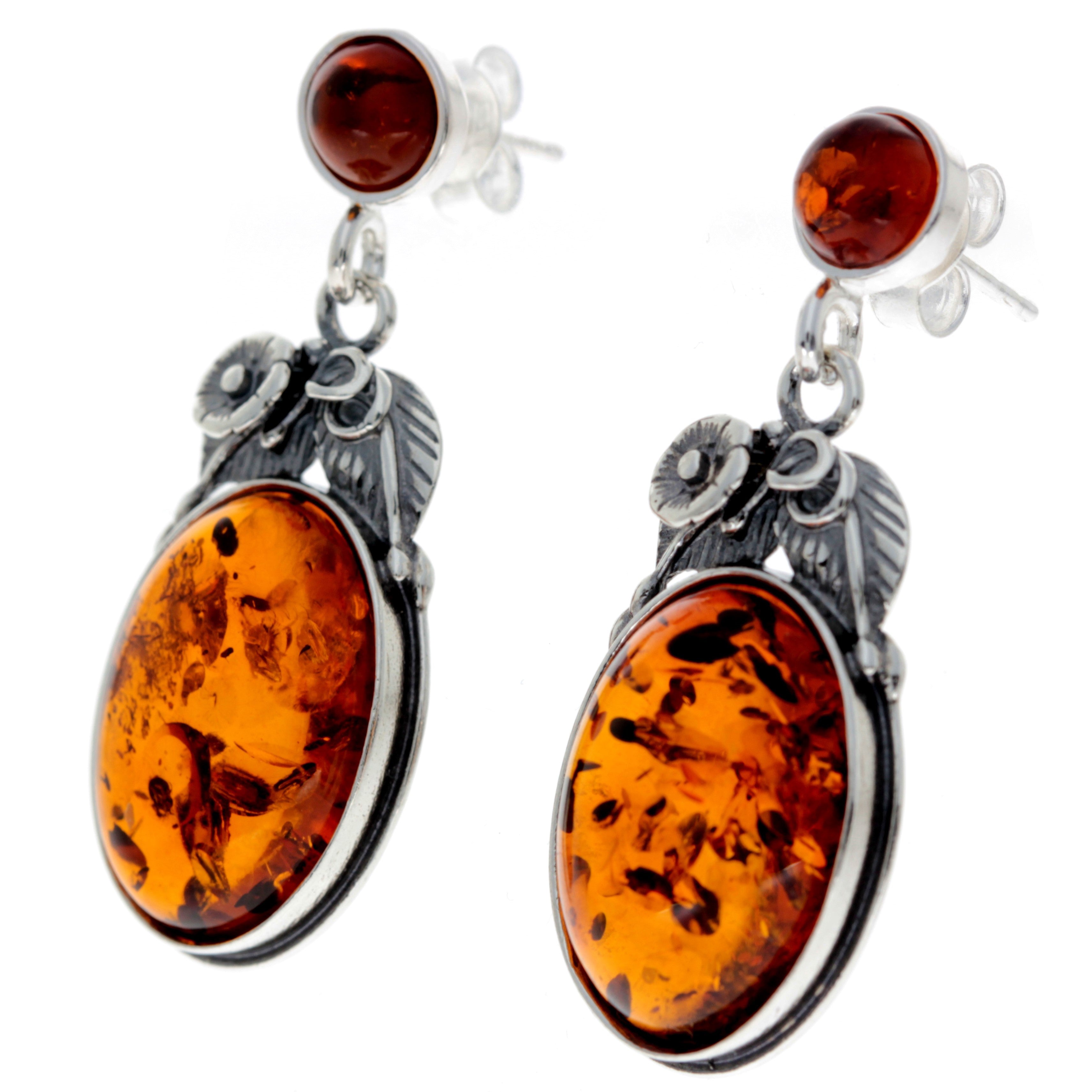 925 Sterling Silver & Baltic Amber Large Drop Earrings - 5405