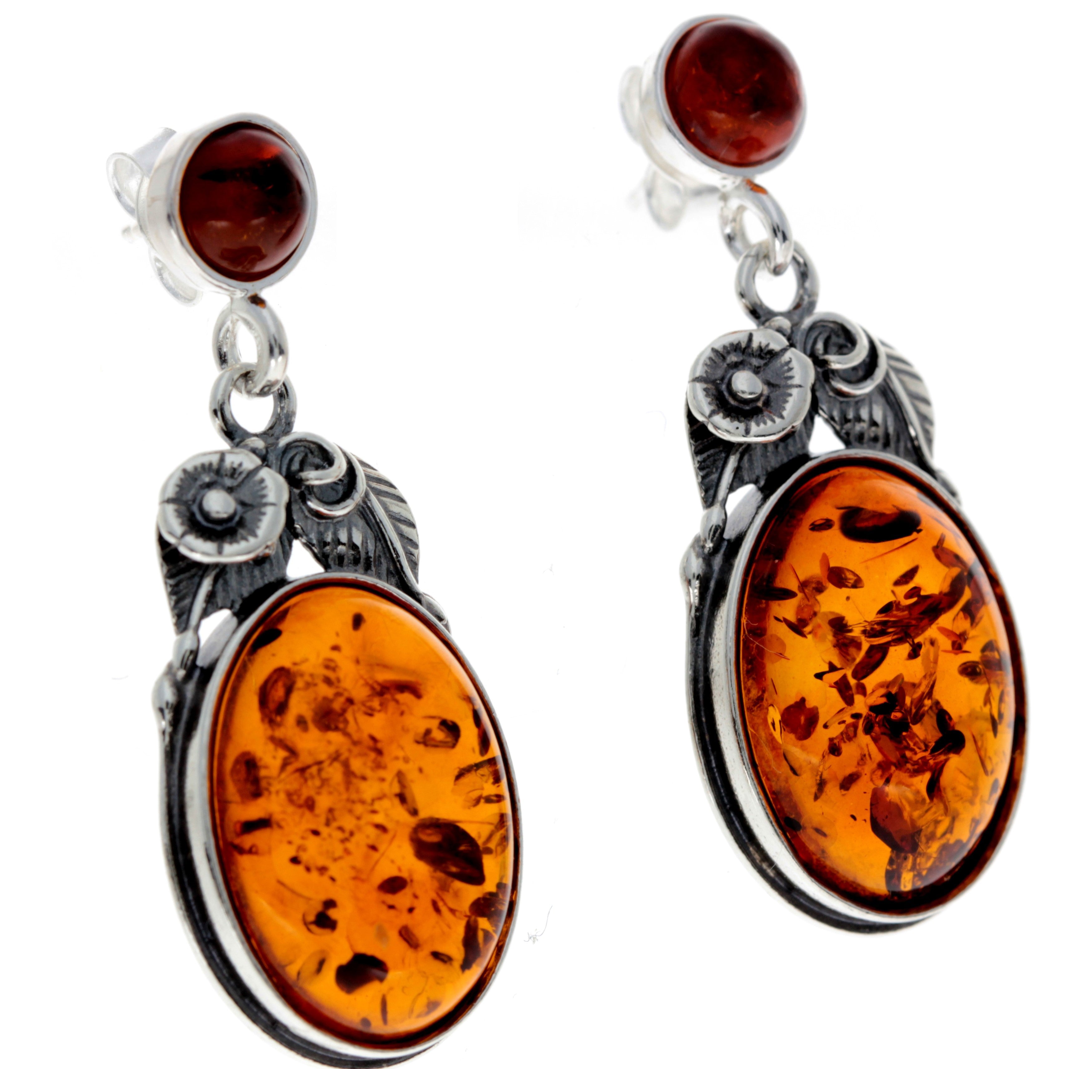 925 Sterling Silver & Baltic Amber Large Drop Earrings - 5405