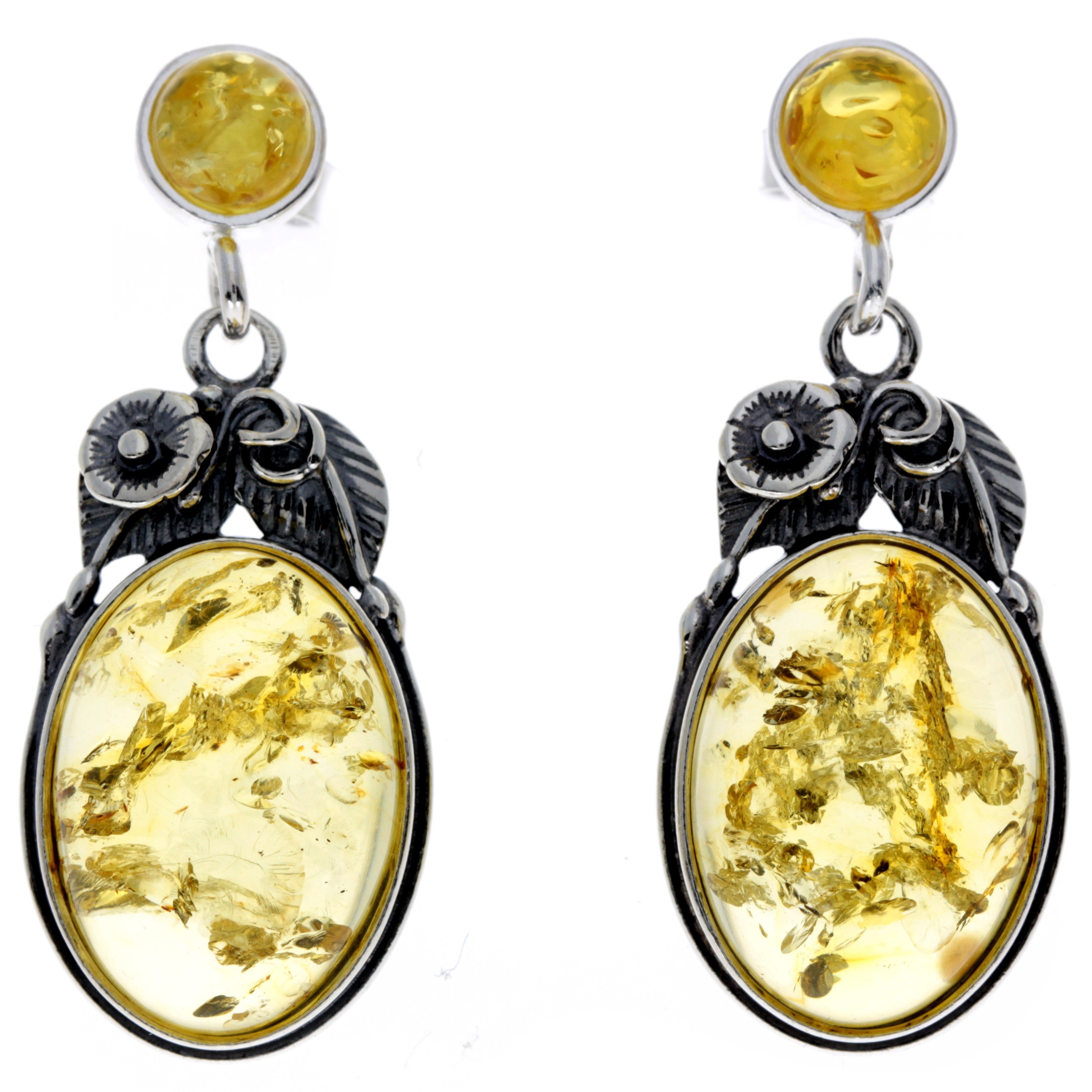 925 Sterling Silver & Baltic Amber Large Drop Earrings - 5405