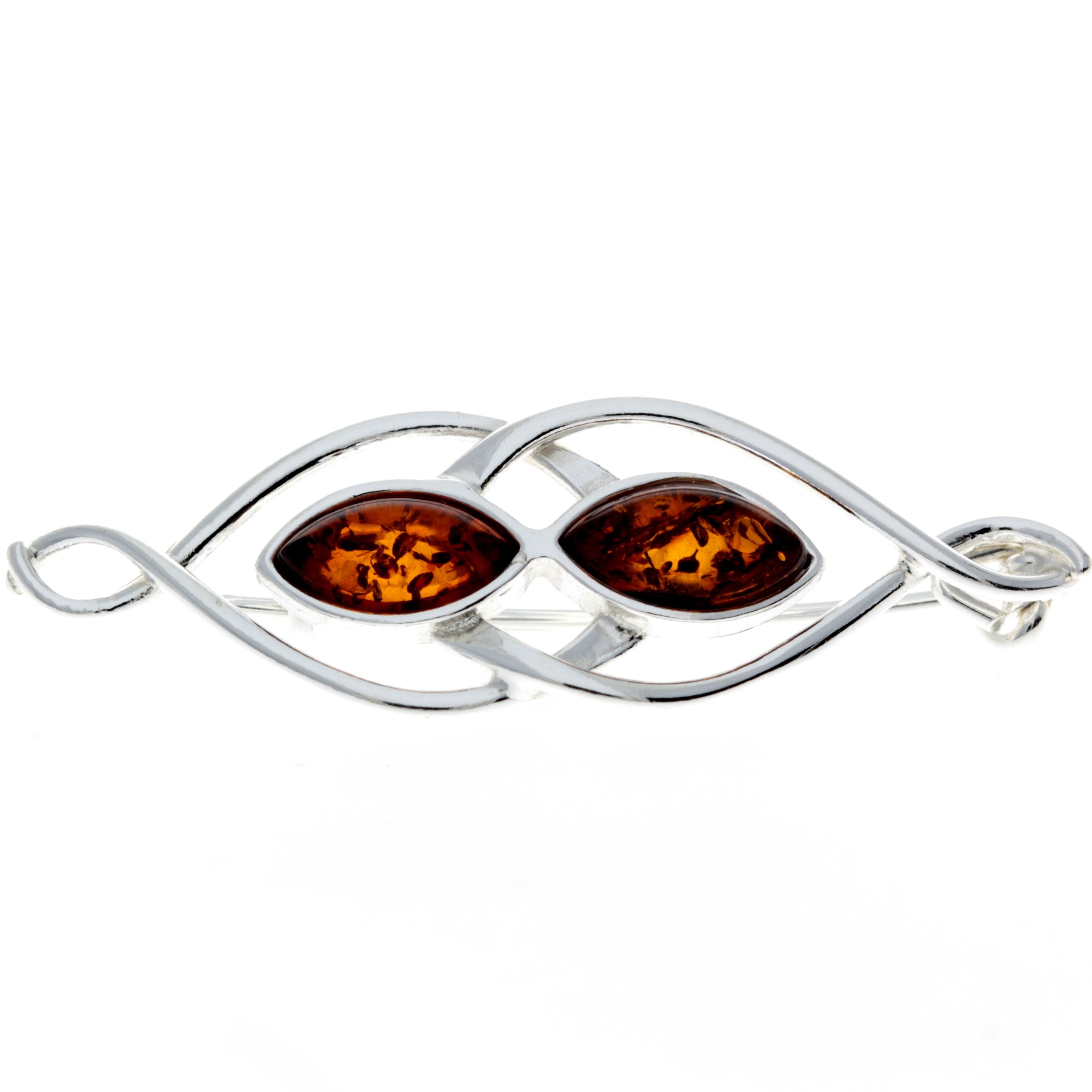 925 Sterling Silver & Baltic Amber Modern 2 Stones Brooch - M810