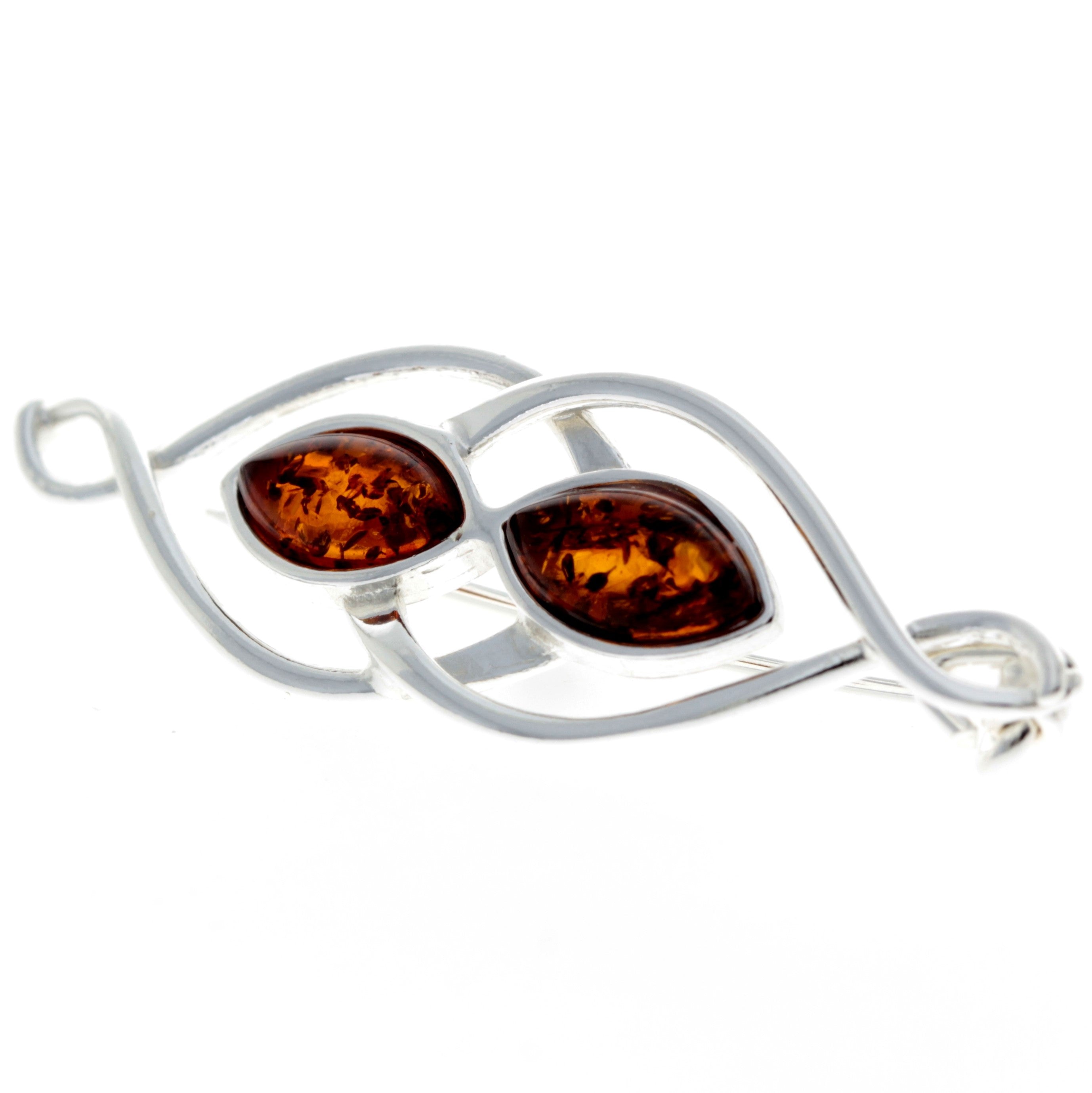 925 Sterling Silver & Baltic Amber Modern 2 Stones Brooch - M810