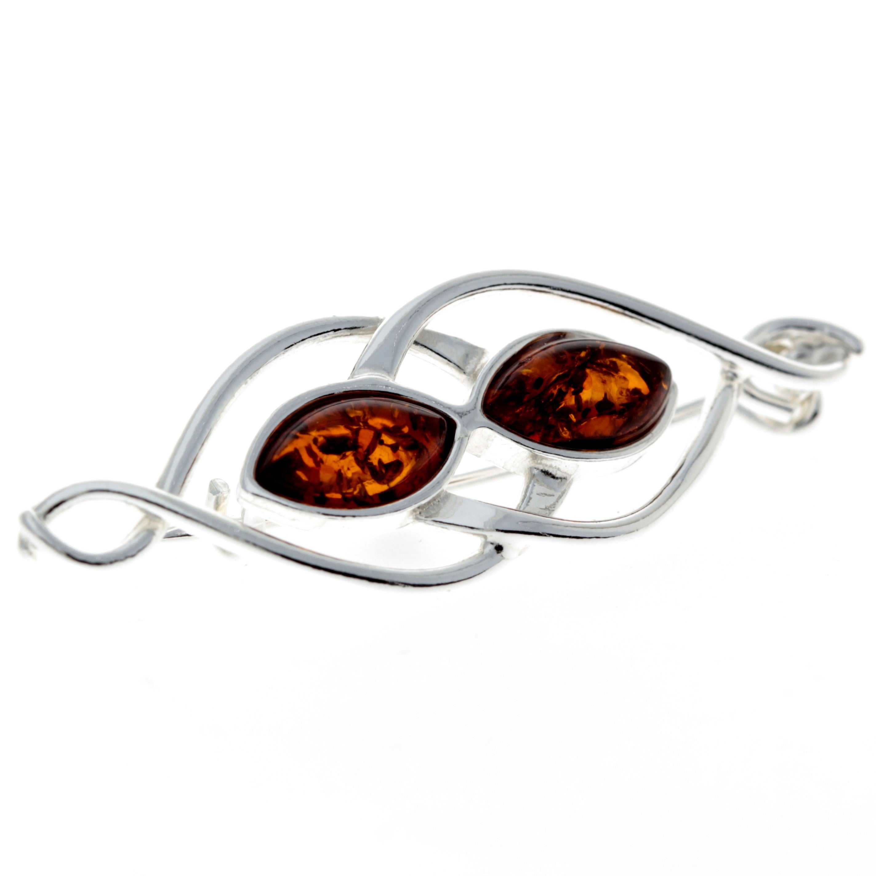 925 Sterling Silver & Baltic Amber Modern 2 Stones Brooch - M810