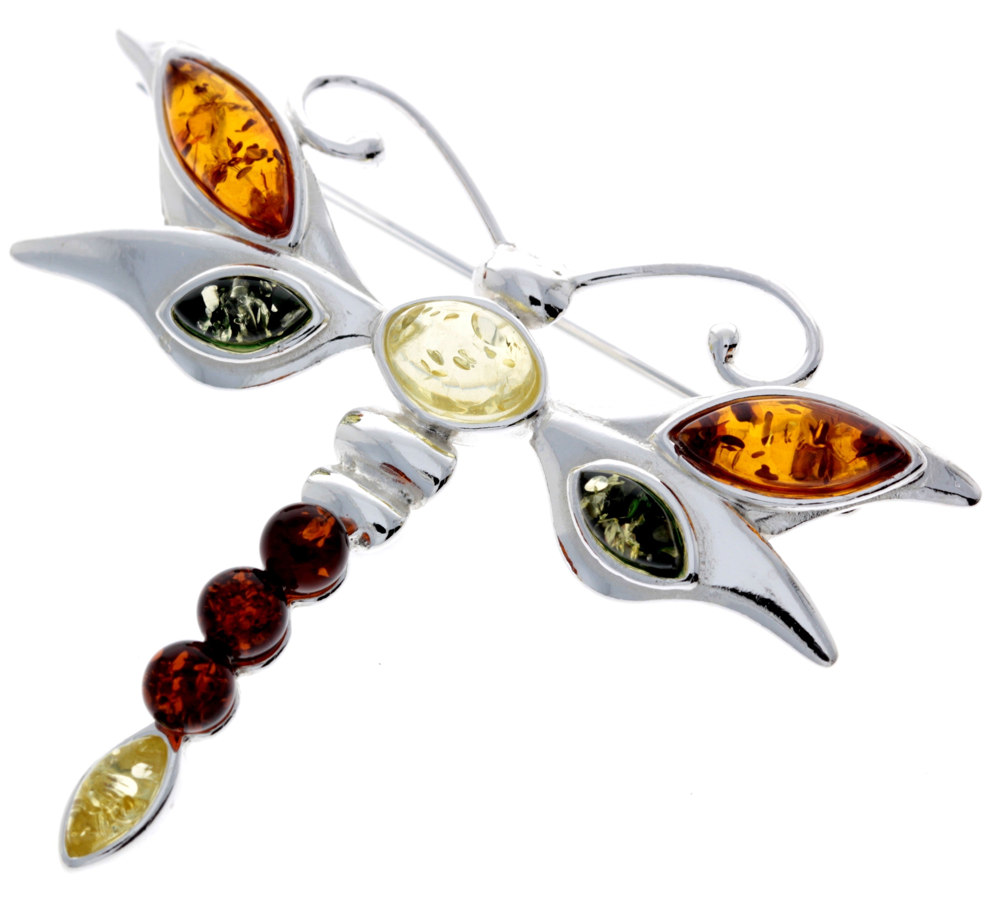 925 Sterling Silver & Genuine Baltic Amber Dragonfly Butterfly Brooch - M817