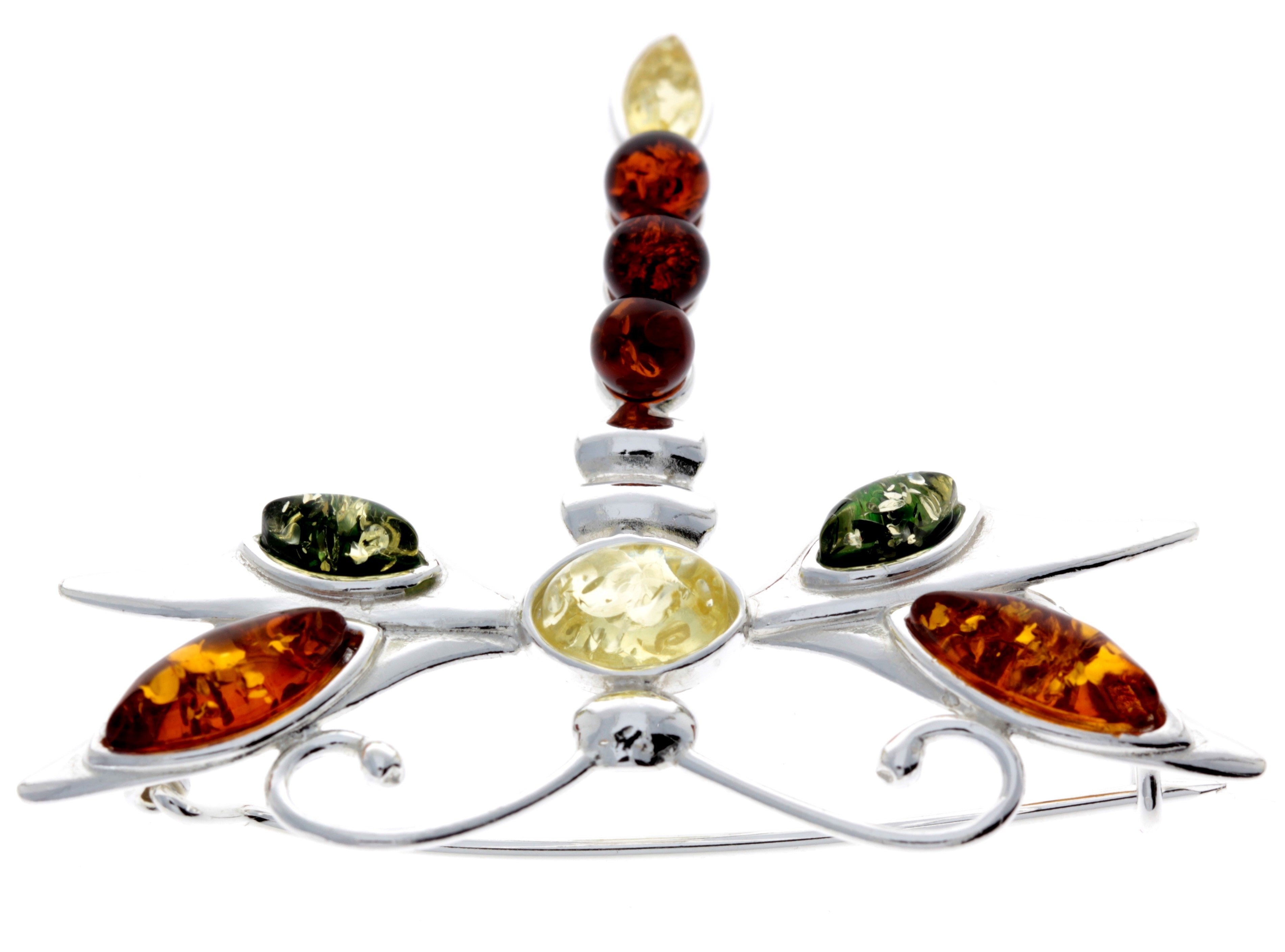 925 Sterling Silver & Genuine Baltic Amber Dragonfly Butterfly Brooch - M817