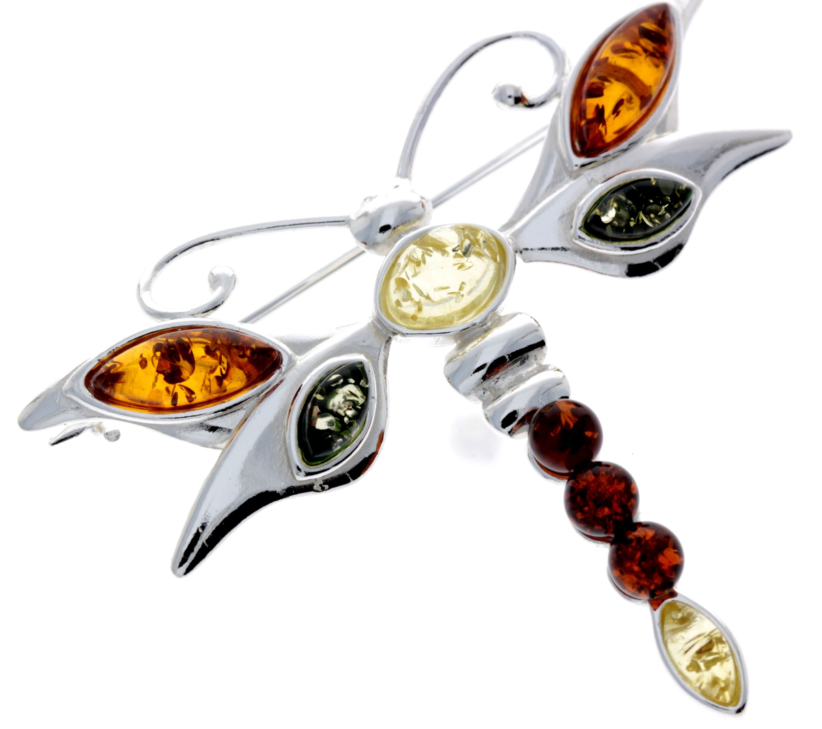 925 Sterling Silver & Genuine Baltic Amber Dragonfly Butterfly Brooch - M817