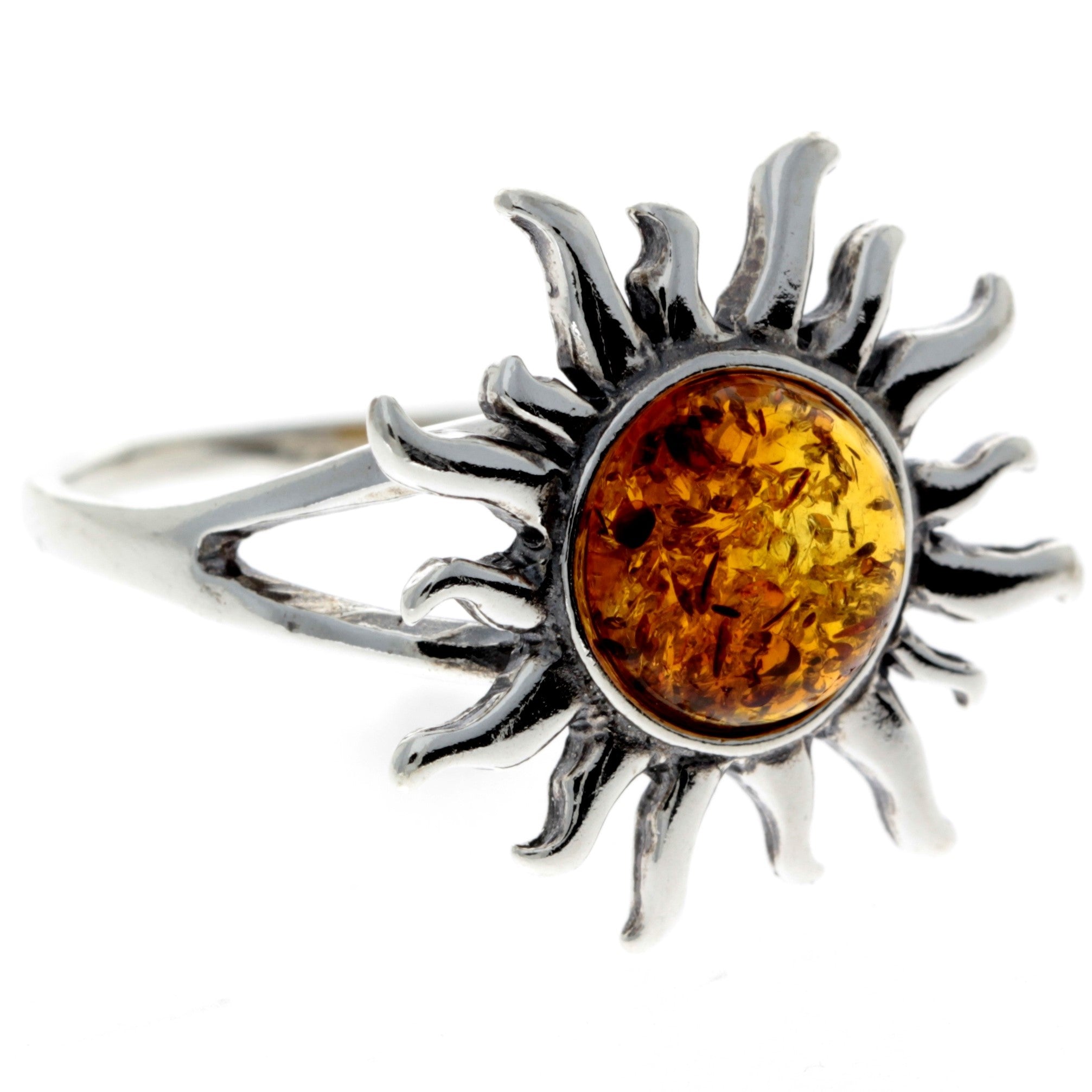 925 Sterling Silver & Genuine Baltic Amber Sun Ring - 7374