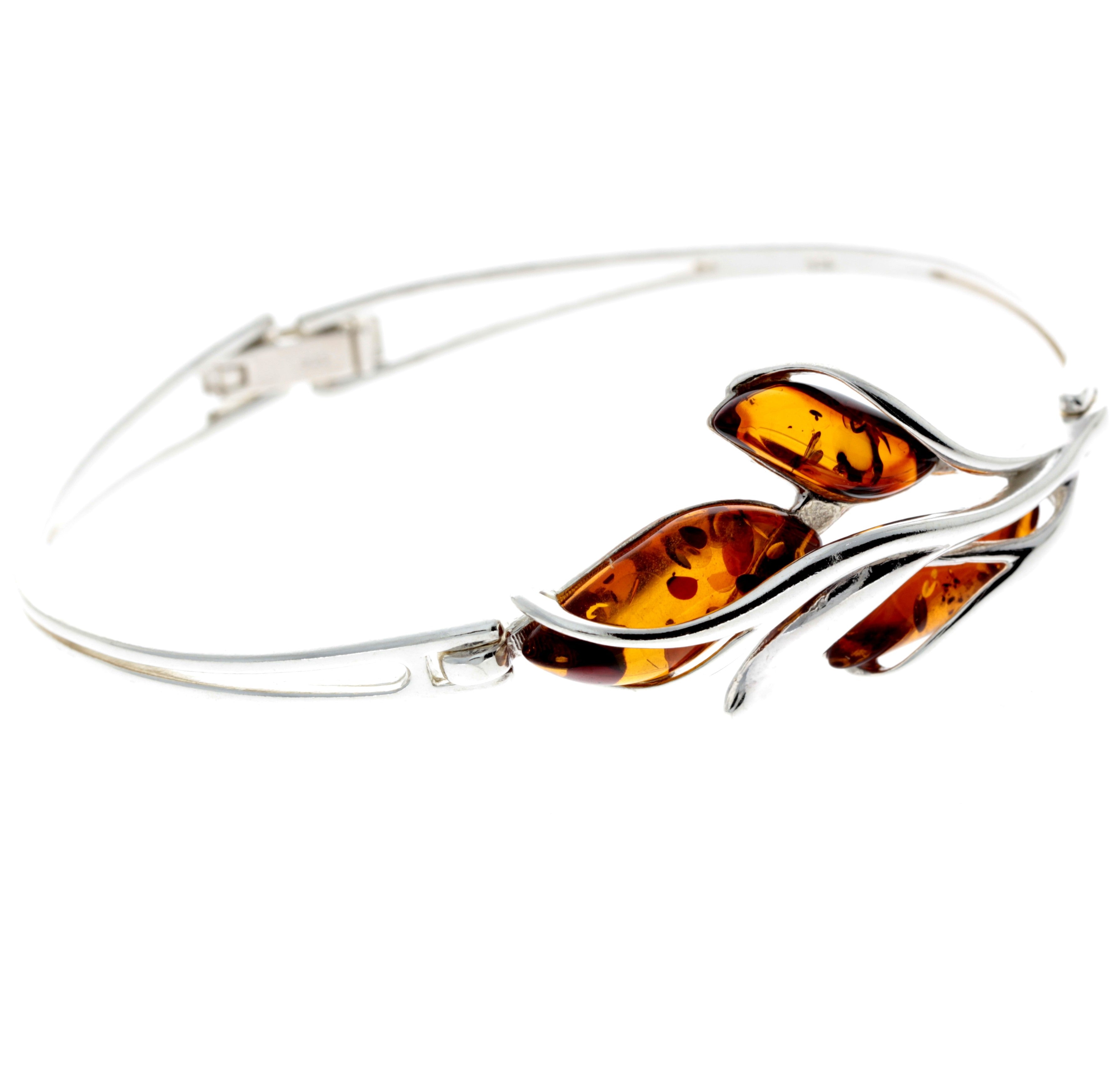 925 Sterling Silver & Baltic Amber 3 Stone Modern Bangle - GL548