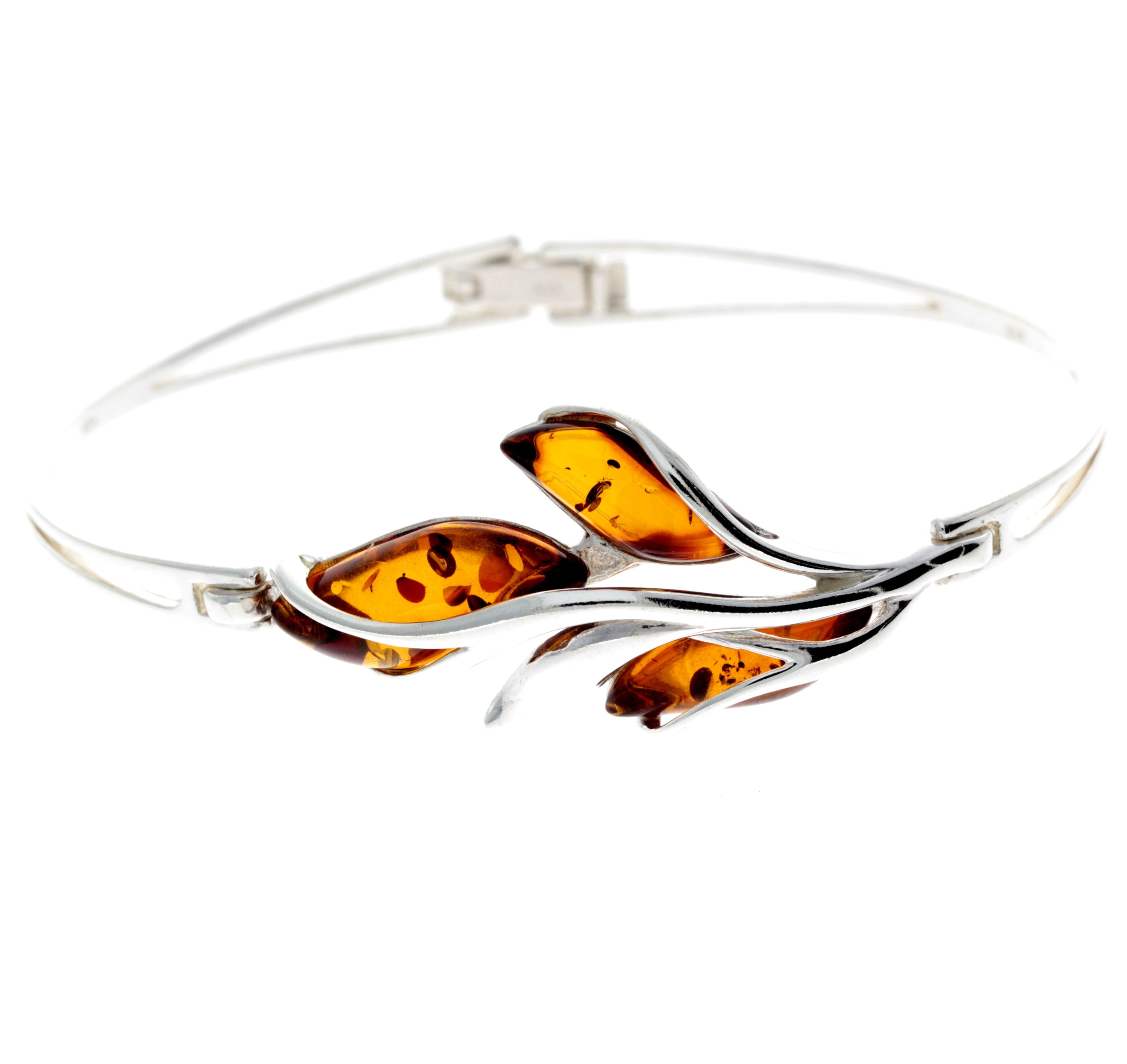 925 Sterling Silver & Baltic Amber 3 Stone Modern Bangle - GL548