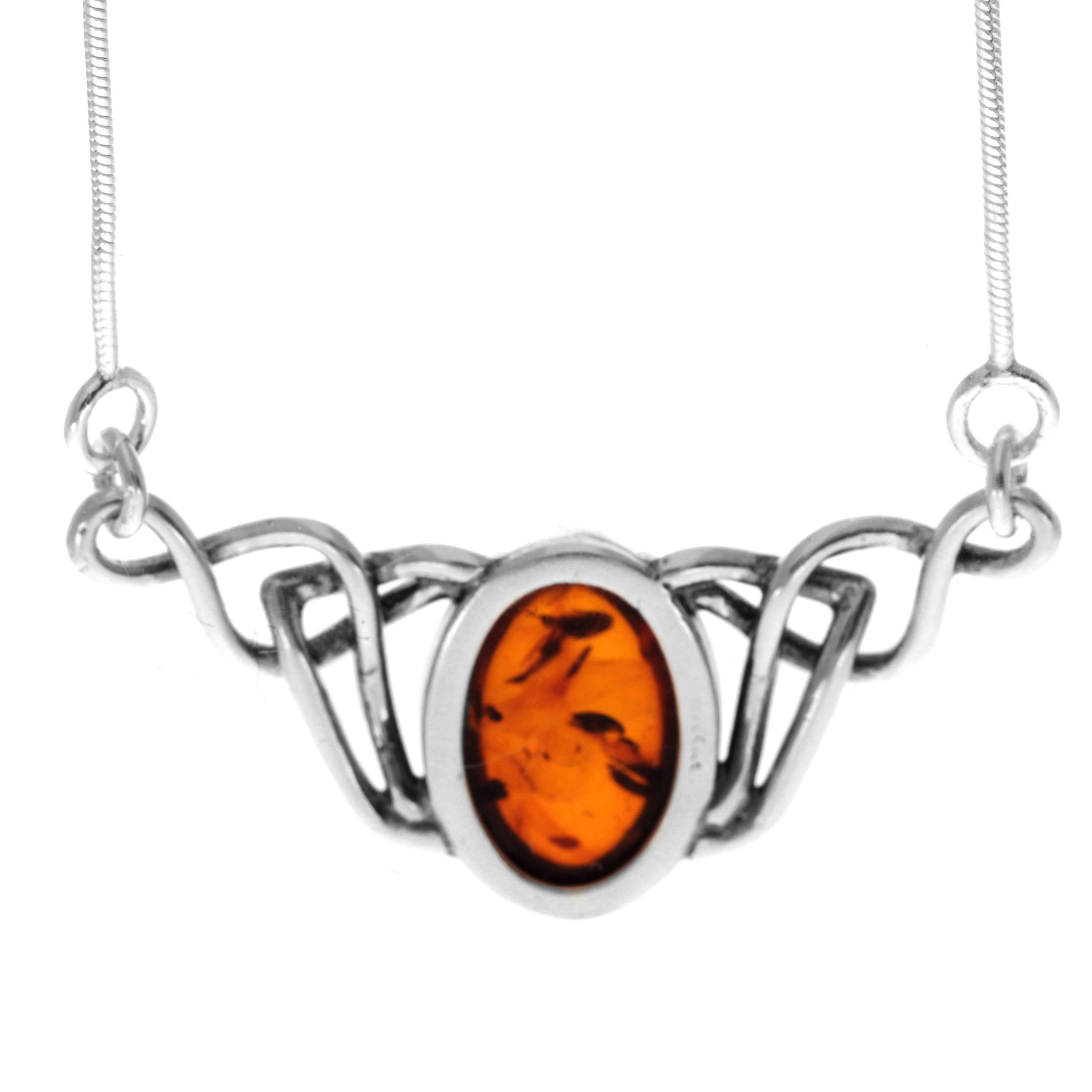 925 Sterling Silver & Genuine Baltic Amber Classic Celtic Necklace on Snake Chain with extender - 6105