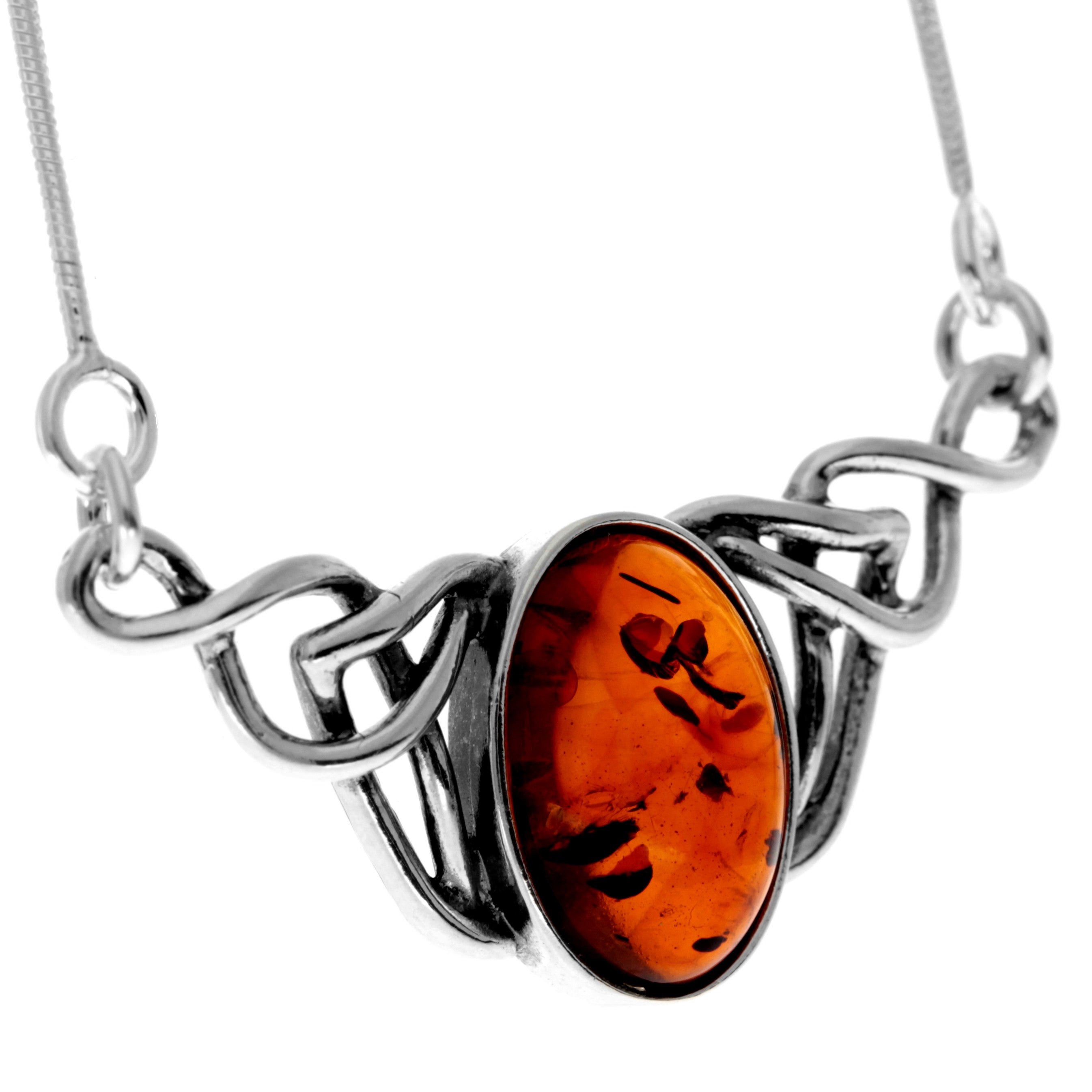 925 Sterling Silver & Genuine Baltic Amber Classic Celtic Necklace on Snake Chain with extender - 6105