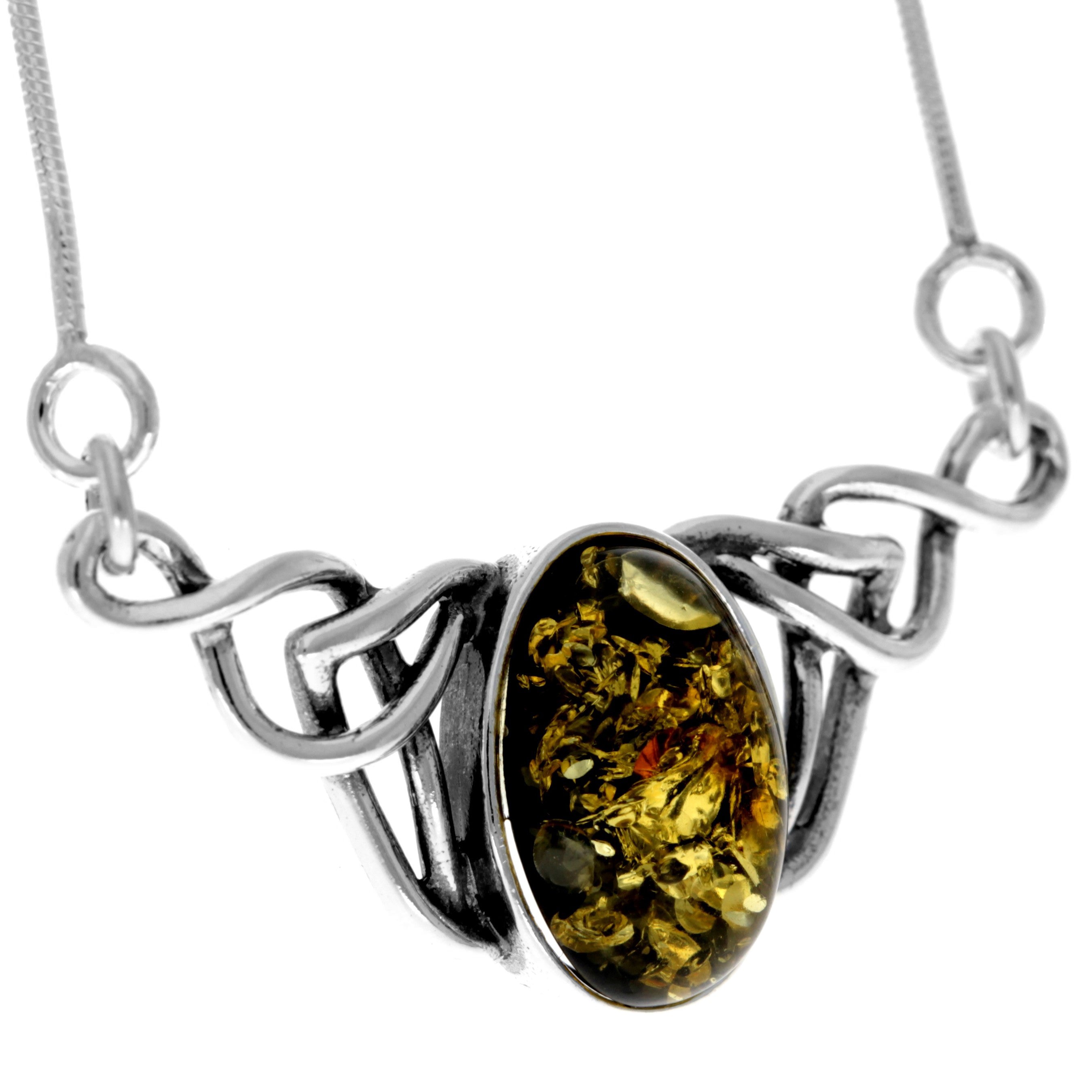 925 Sterling Silver & Genuine Baltic Amber Classic Celtic Necklace on Snake Chain with extender - 6105