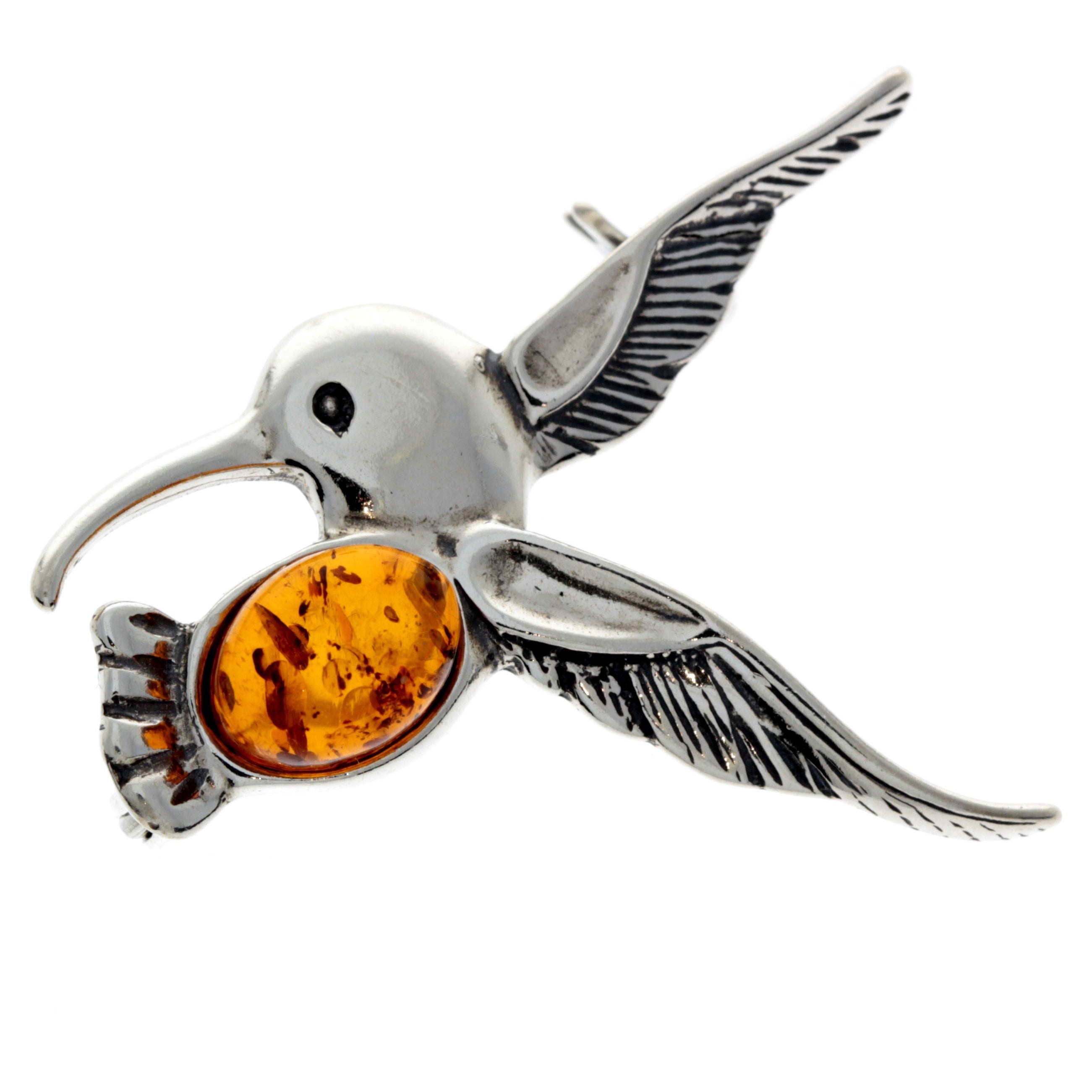 925 Sterling Silver & Baltic Amber Hummingbird Brooch - 4070