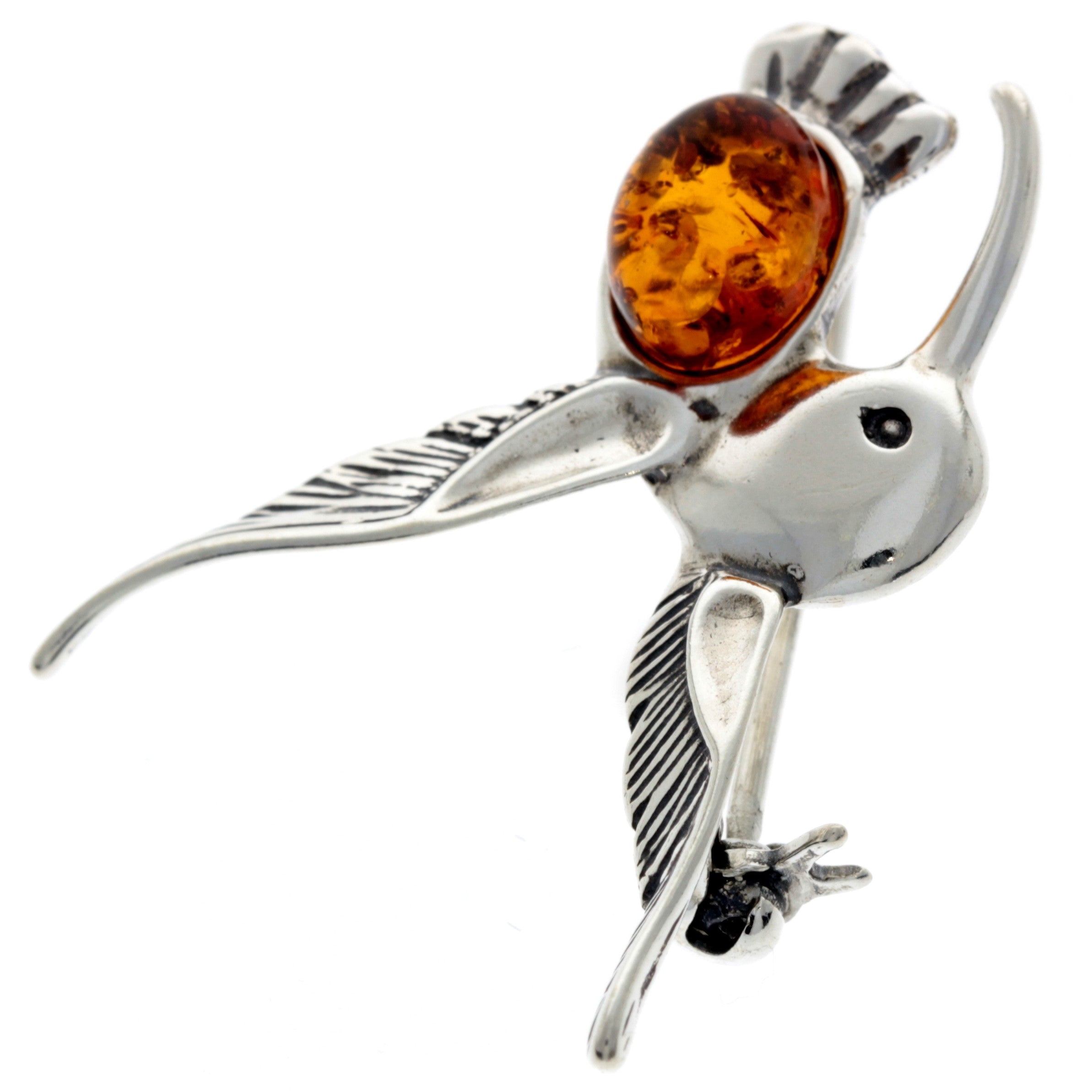 925 Sterling Silver & Baltic Amber Hummingbird Brooch - 4070