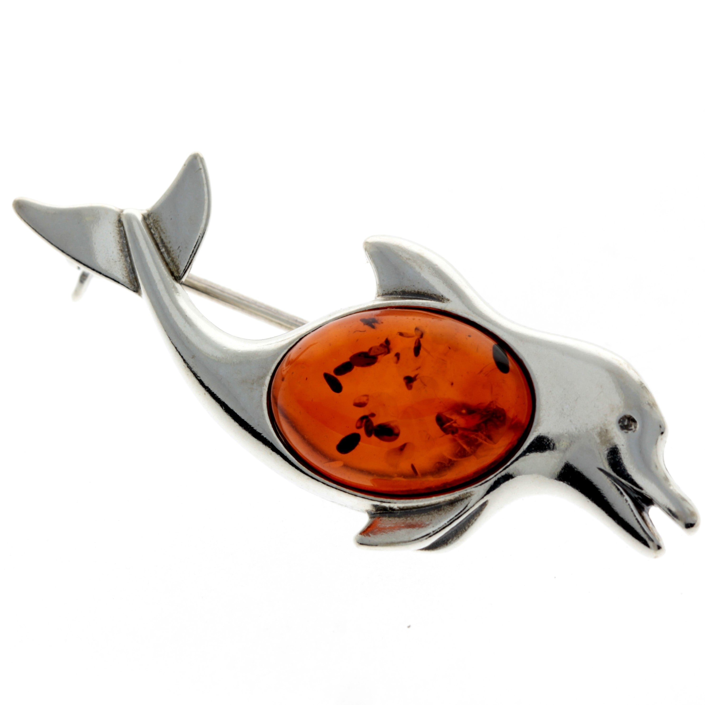 925 Sterling Silver & Baltic Amber Dolphin Brooch - 4009