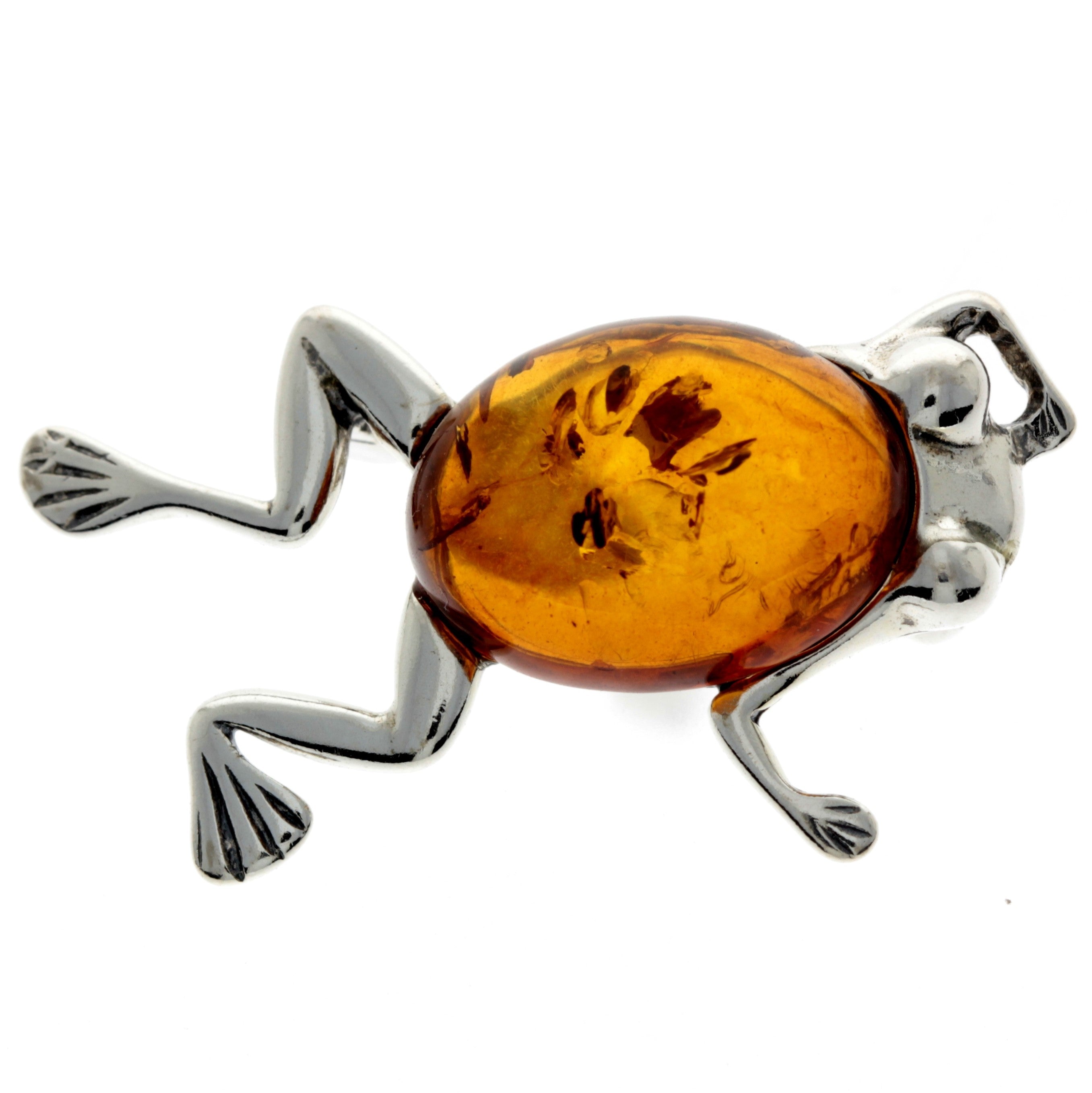 925 Sterling Silver & Baltic Amber Frog Brooch - 4011