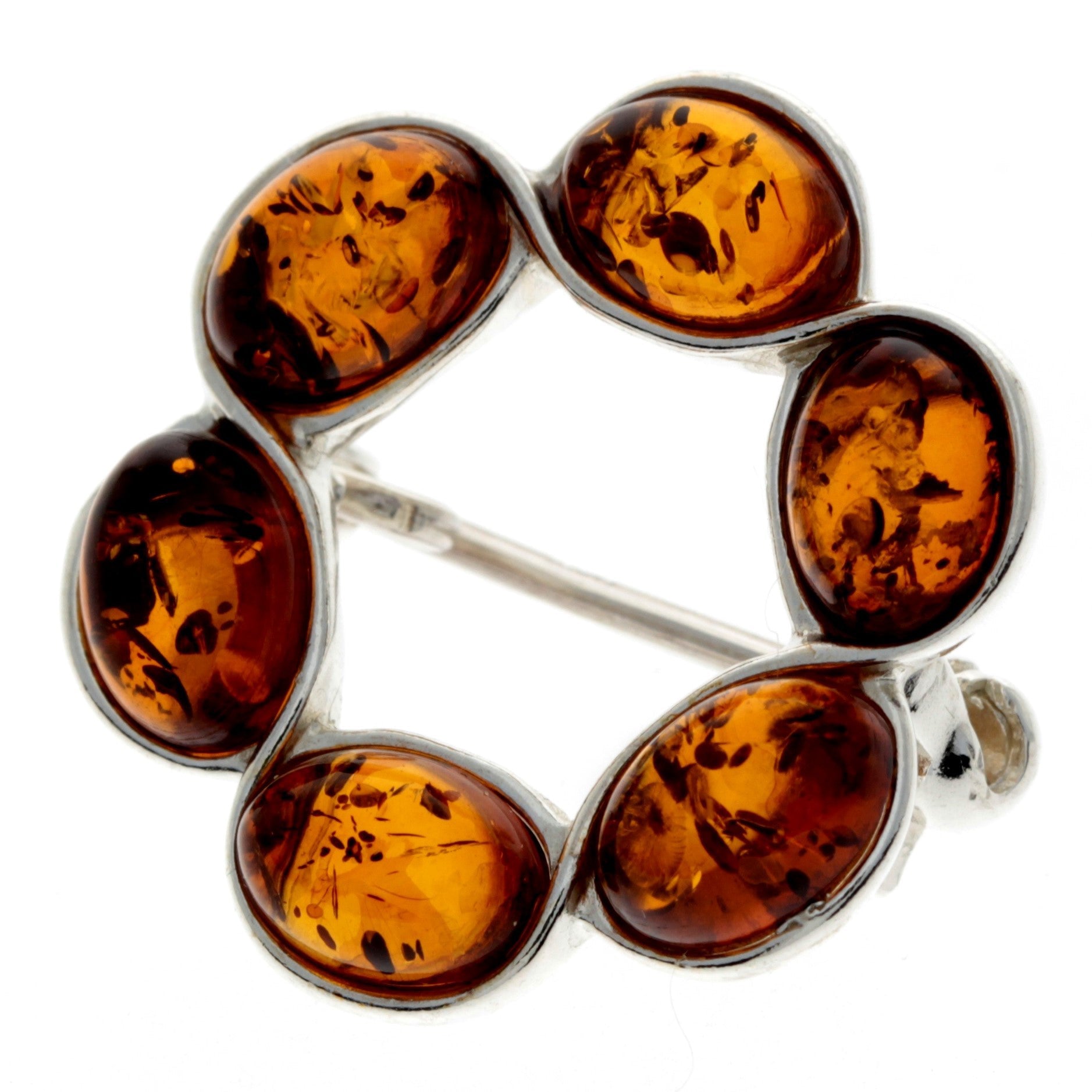 925 Sterling Silver & Baltic Amber Classic Round Brooch - 4174X