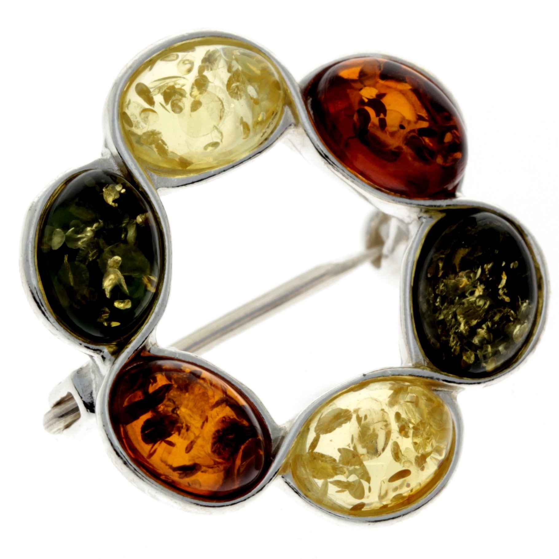 925 Sterling Silver & Baltic Amber Classic Round Brooch - 4174X