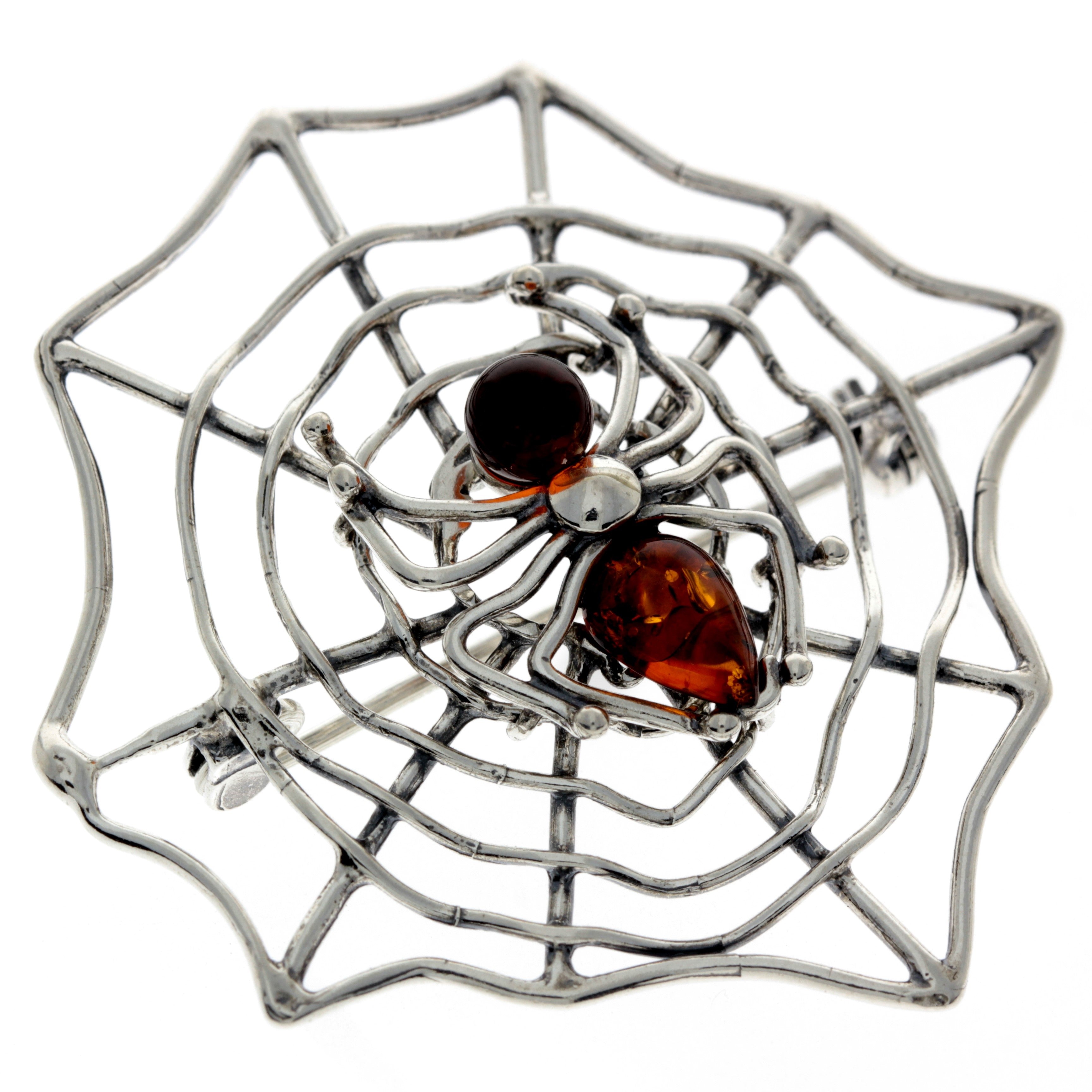 925 Sterling Silver & Baltic Amber Spider on the web Brooch - 4039