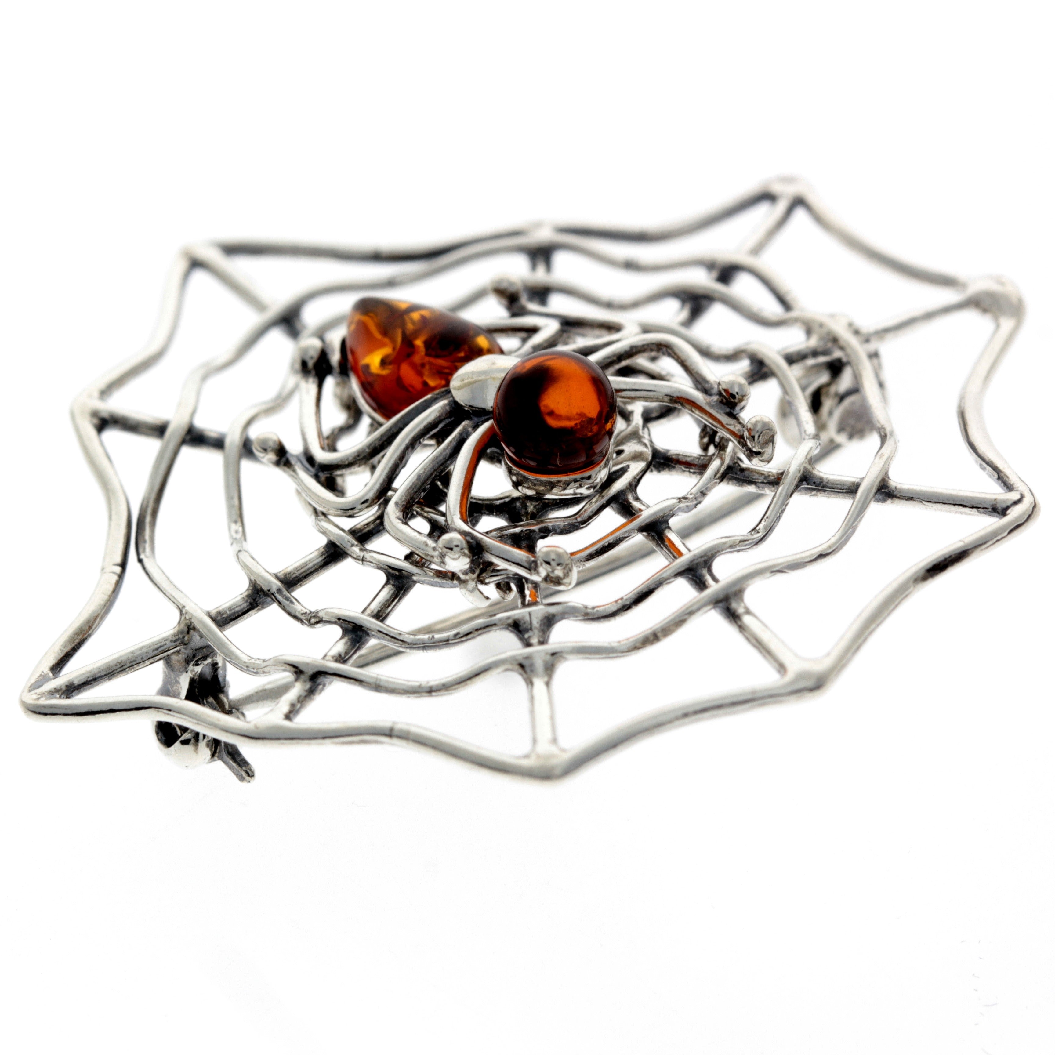 925 Sterling Silver & Baltic Amber Spider on the web Brooch - 4039