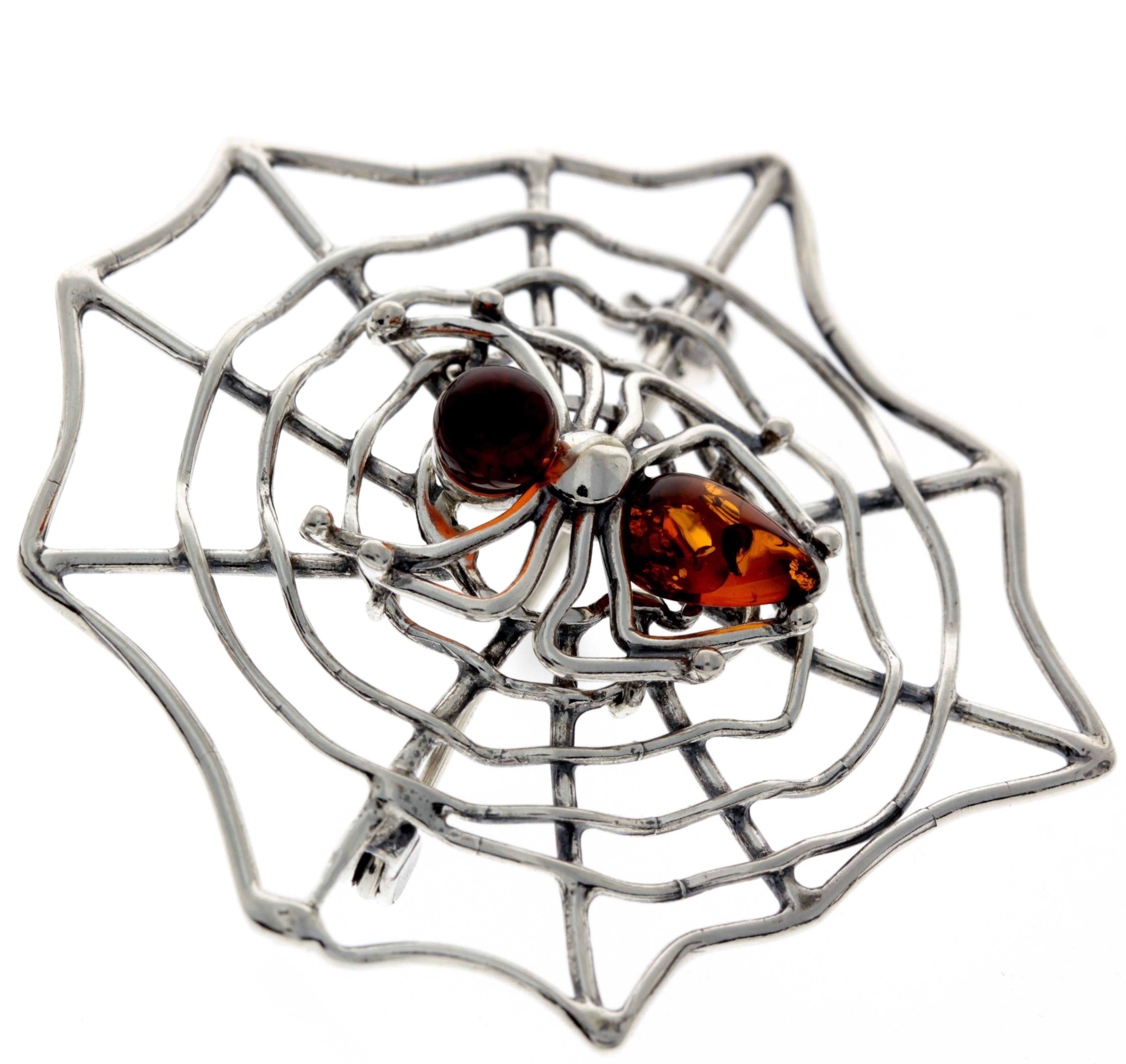 925 Sterling Silver & Baltic Amber Spider on the web Brooch - 4039