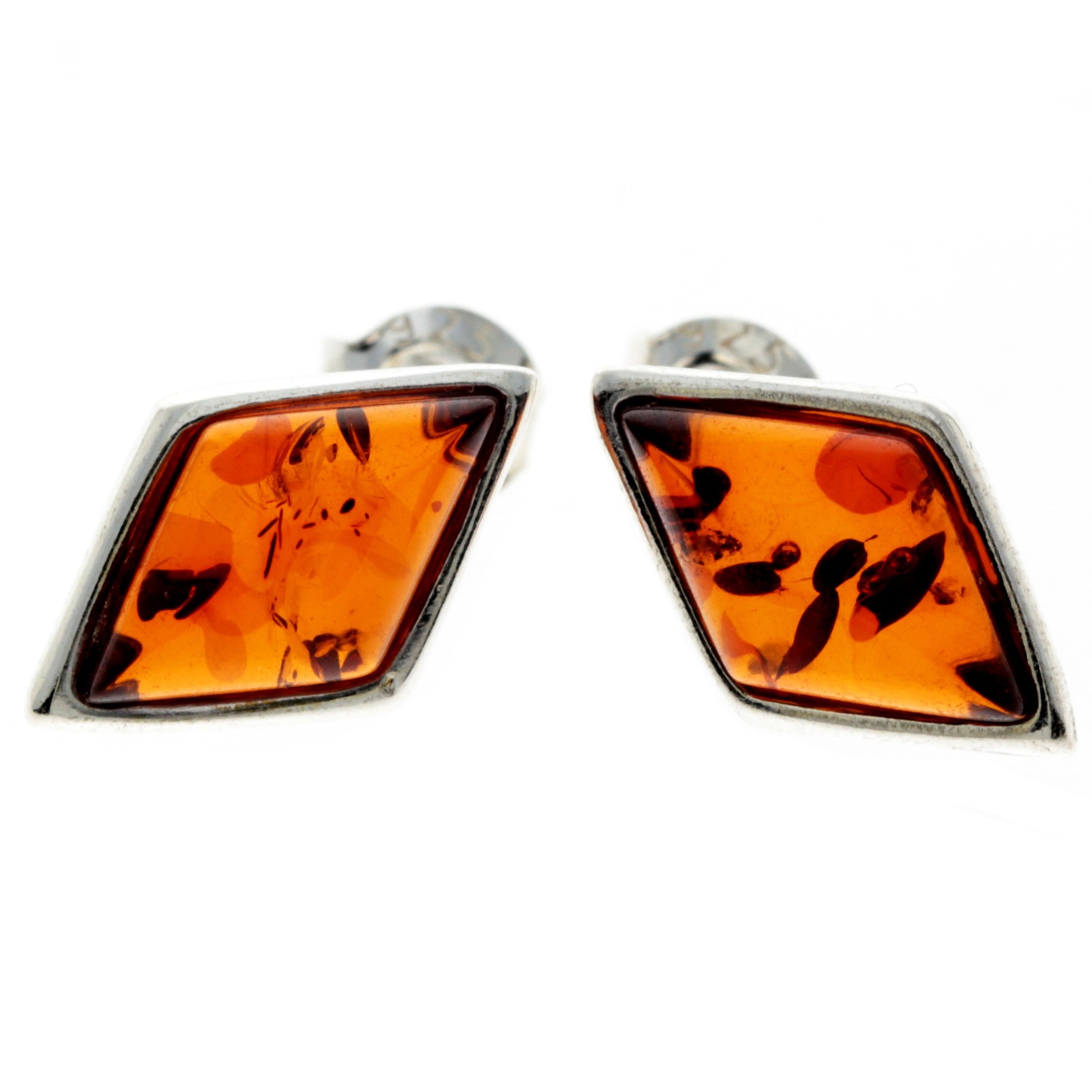 925 Sterling Silver & Baltic Amber Diamond Shape Studs Earrings - GL037